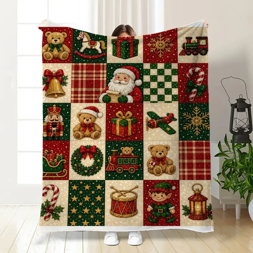 Christmas Patchwork Flannel Cozy Throw Blanket, Santa, Teddy Bears, Snowflakes, Train, Nutcracker, Candy Canes, Elf Designs, Holiday Decor, Gifting