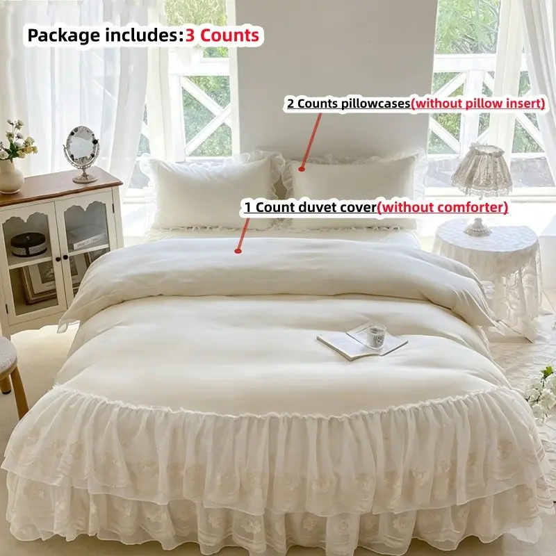 3pcs Lace Bedding Set, Polyester Bed Set, Includes 1 Duvet Cover + 2 Pillowcases, without comforter and pillow insert,Single Twin Double Queen KingSize