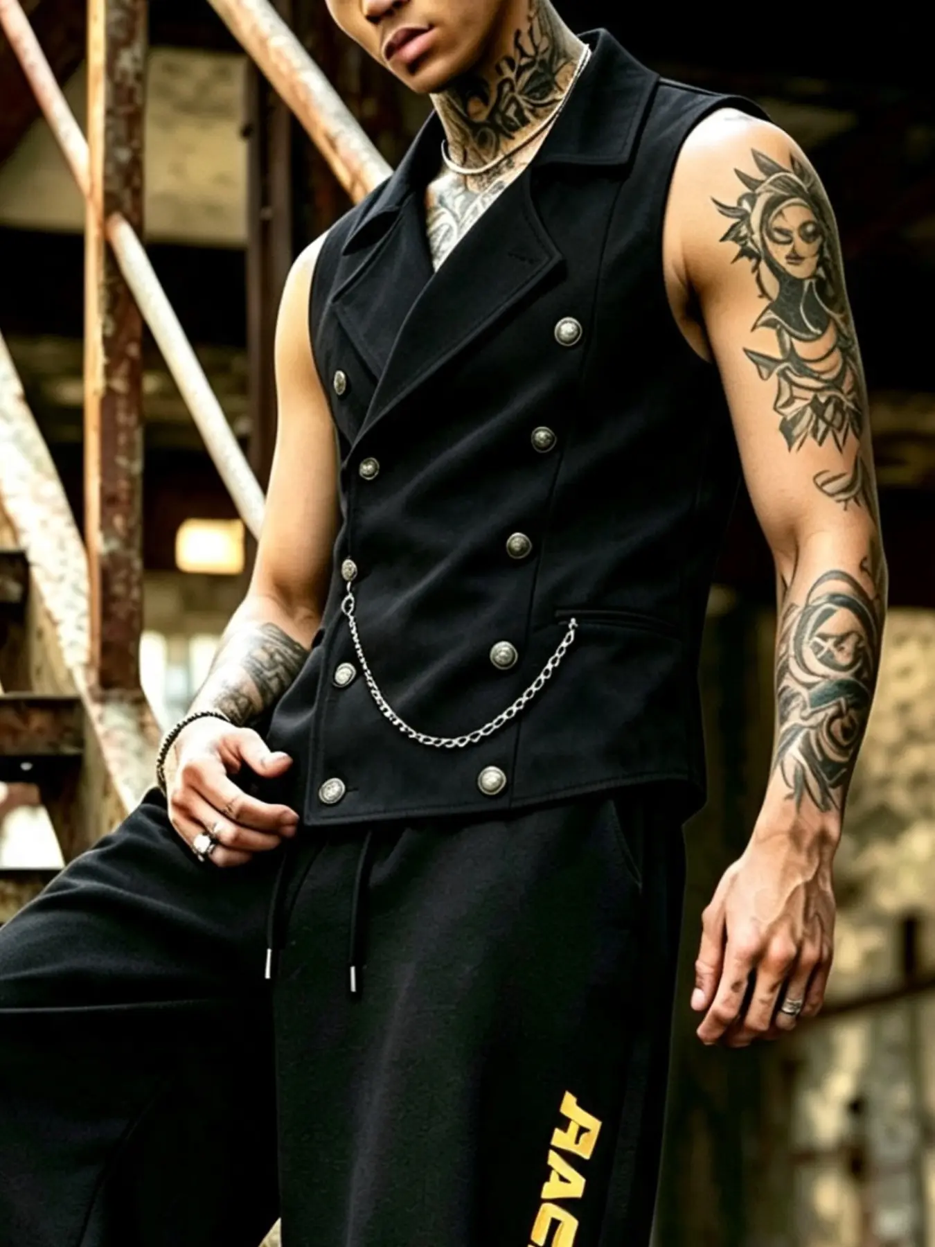 Men's Punk Streetwear Vest, Suede Texture, Matte Velvet, Metal Buttons, Chain Accessories, Fitted, Sleeveless, All Seasons