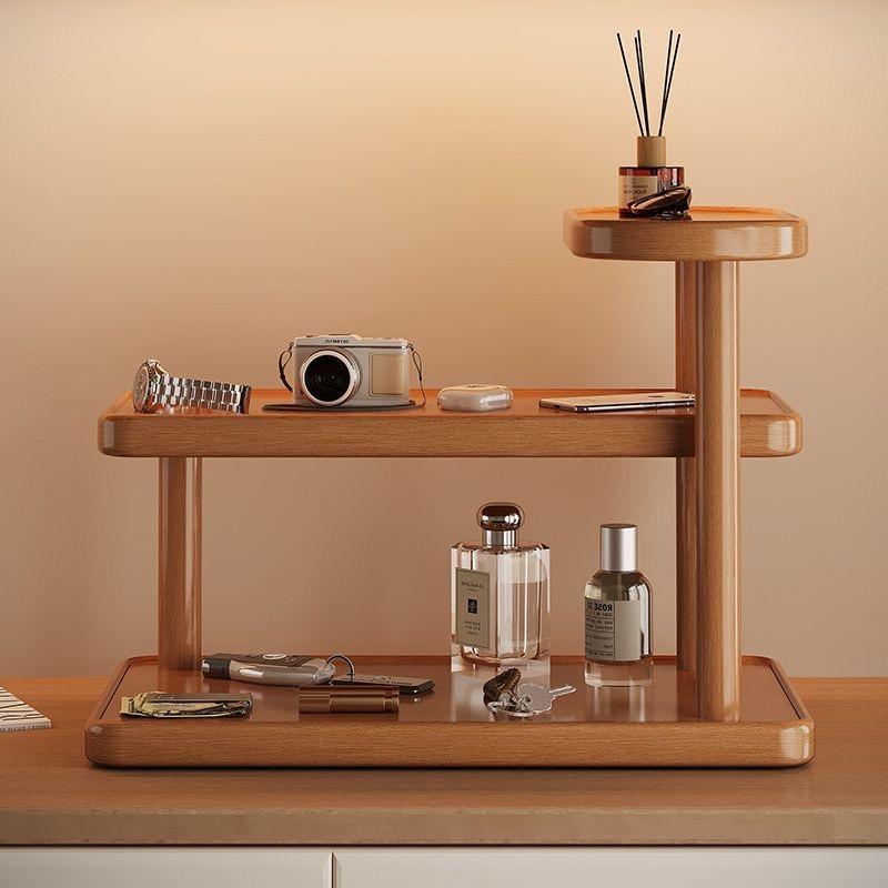 Solid Wood Multi Tier Desktop Display Shelf Modern Light Brown Freestanding Storage Rack No Assembly Needed Space Saving for Bathroom Kitchen Bedroom Vanity Retail Display Stand