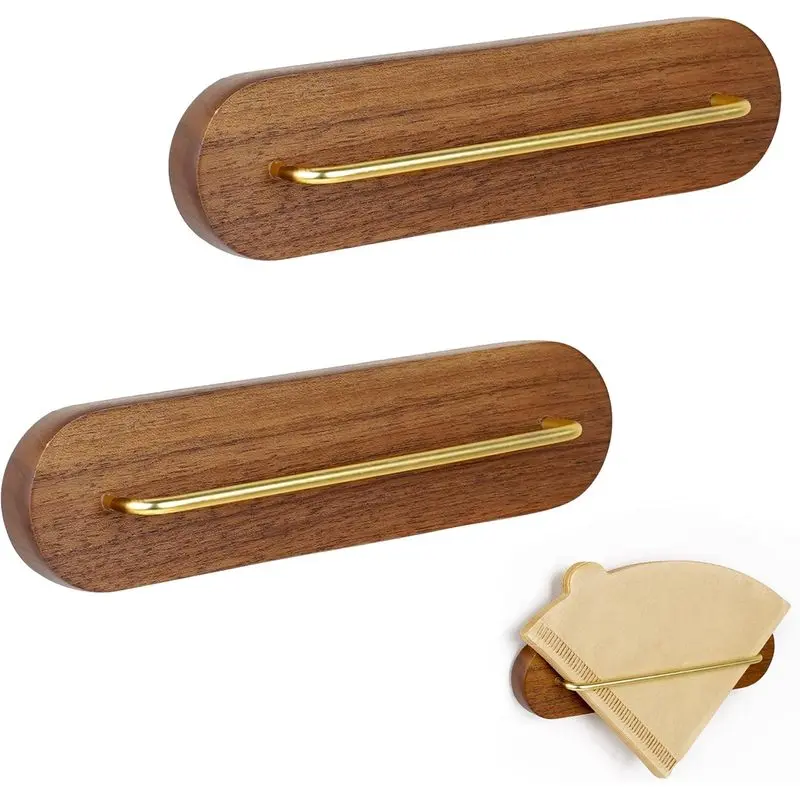Wall Mount Coffee Filter Holder (2-Pack), Walnut Wood & Gold Metal Rack, Adhesive No-Drill Storage for V60 & Fan Filters, Brown