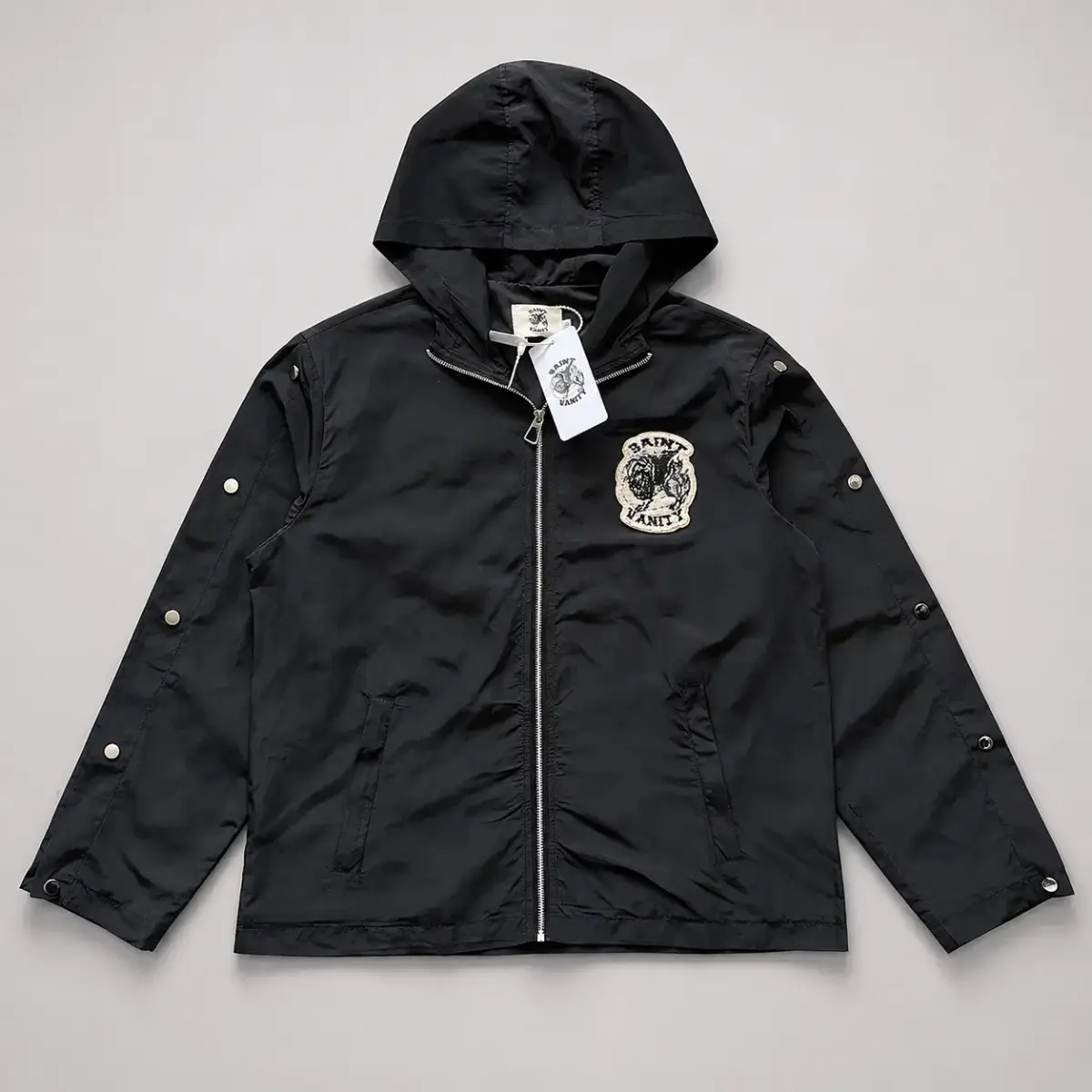 SAINT VANITY Embroidered Willow Patch Zip‑Up Windbreaker, Y2K Grunge Techwear Hooded Jacket, Rivet Detail Men Unisex Streetwear Trench Coat for Fall Festival, Urban Casual & Holiday Outerwear