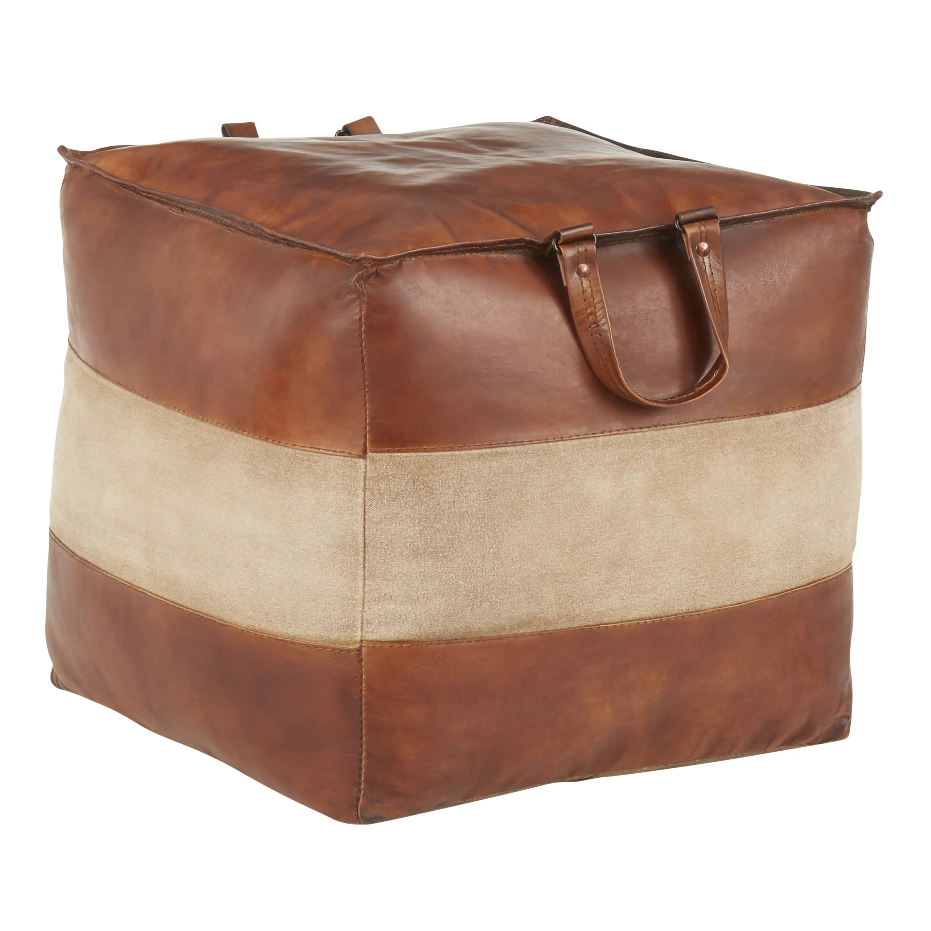 Nokaa Square Ottoman with upholstered and Canvas Upholstery, Side Handles, Recycled Cotton Fill – Industrial/Urban Style Footrest or Extra Seat for Living Room, Bedroom, Entryway (Tan, 19x19x18.5 in)