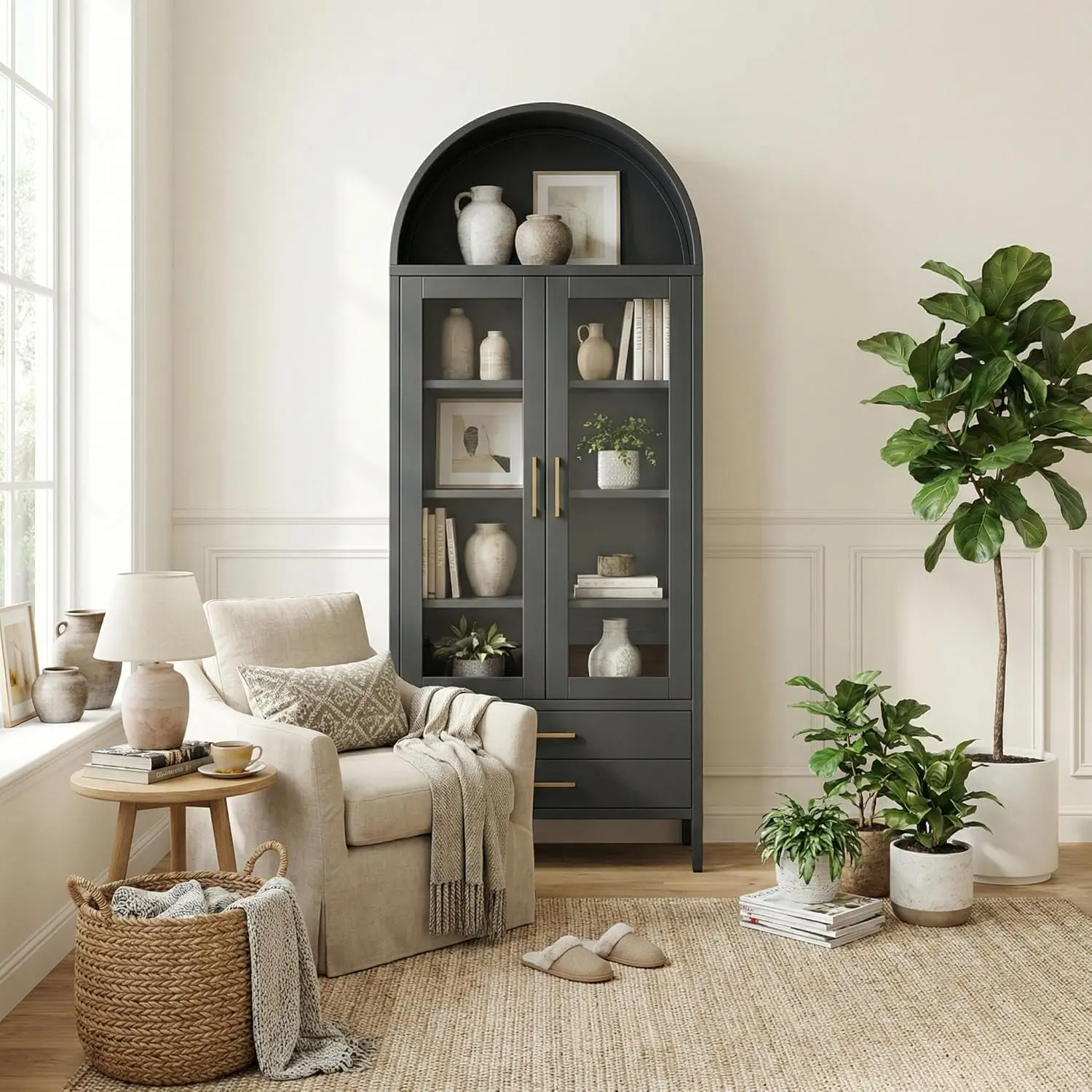 55.51" Tall Display Cabinet with Glass Doors and 2 Drawers - Adjustable Shelves, Steel Cabinet, Black Cabinet, Cabinet with 2 Adjustable Shelves, and 0.6mm Thick Cold Rolled Steel Cabinet