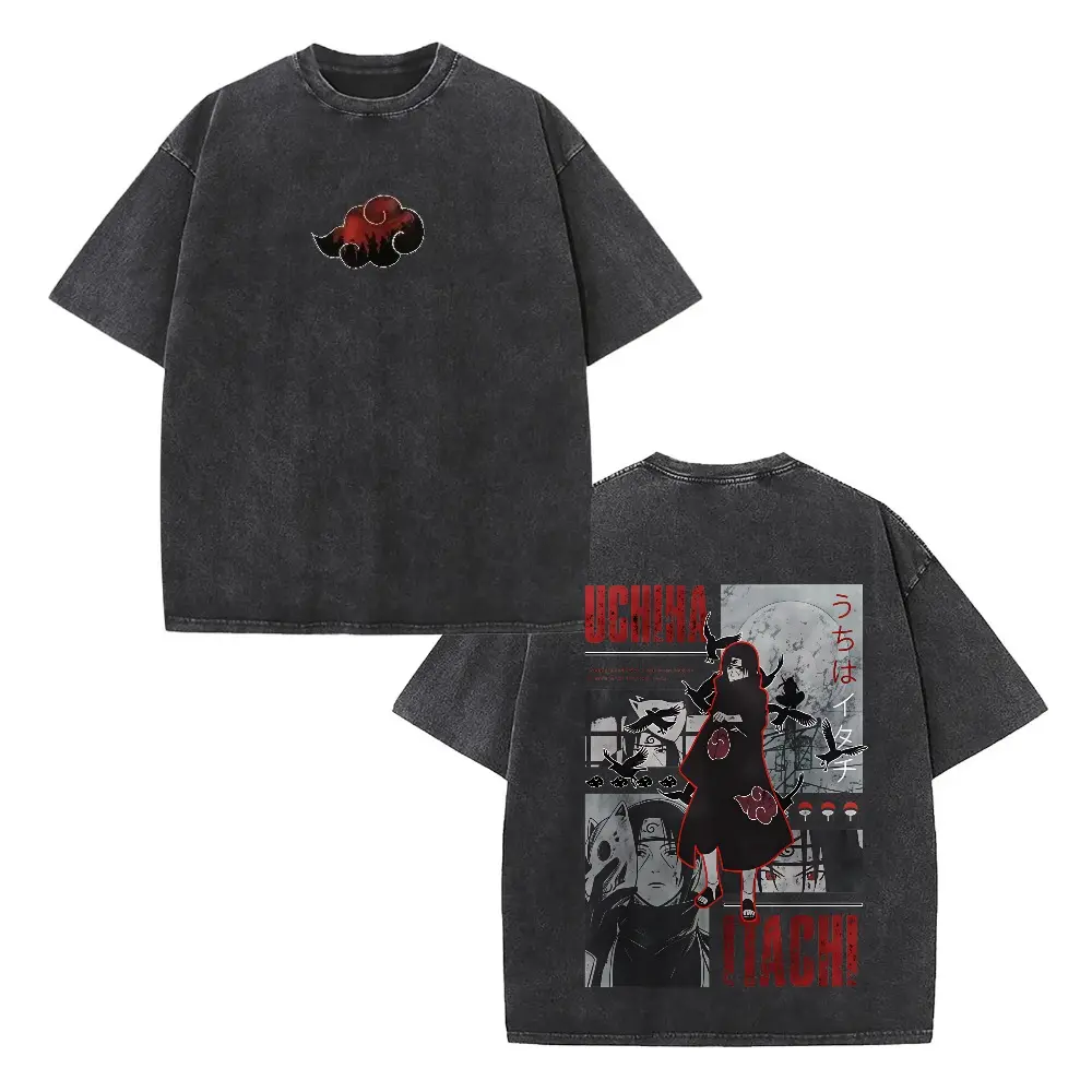 Wash Dark Anime Streetwear T-Shirt, Naruto Shippuden Uchiha Itachi Crow Moon Vertical Japanese Kanji Short Sleeve Crew Neck Tee, Minimalist Edgy Fashion Outdoor Vacation Unisex T-Shirt Men Women Wear
