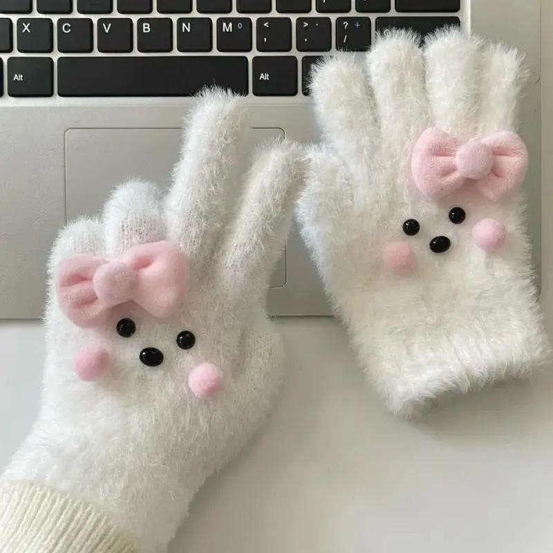 Women Christmas Gloves Cute Girl Snowman Glove White Plush Five Finger Mittens Winter Warm Hand Cover Shiny Star Bow Gloves