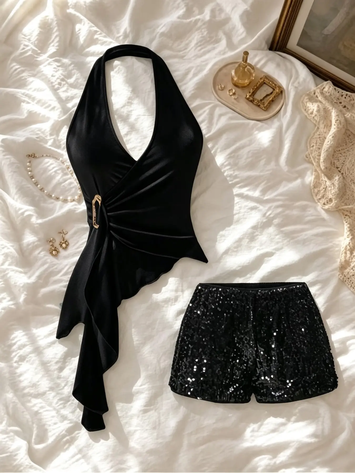 2-Piece Sexy Regular Length Slim-Fitting Halter Neck Knot Top & Sequins Shorts Set, Trendy Outfits
