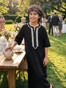 Moroccan Style Boy's Kandura, Elegant Embroidered V Neck Three Quarter Sleeve Design, Side Pockets, Suitable for Ages 8-12, Casual/formal/eid