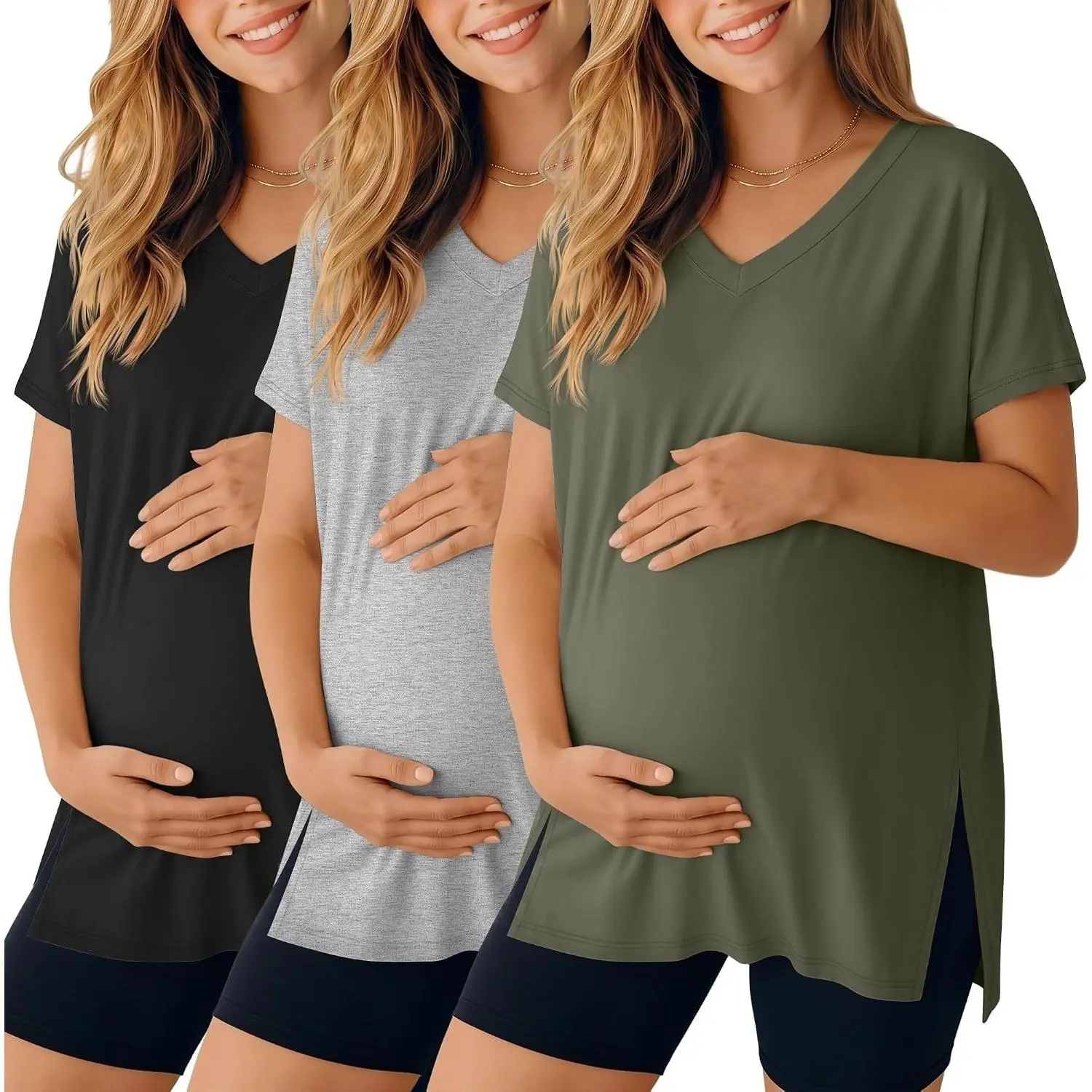3 Pack Women's Maternity Shirts | Short Sleeve,Pregnancy T-Shirts, V Neck, Split Side Tops, Casual, Soft, Maternity Clothes