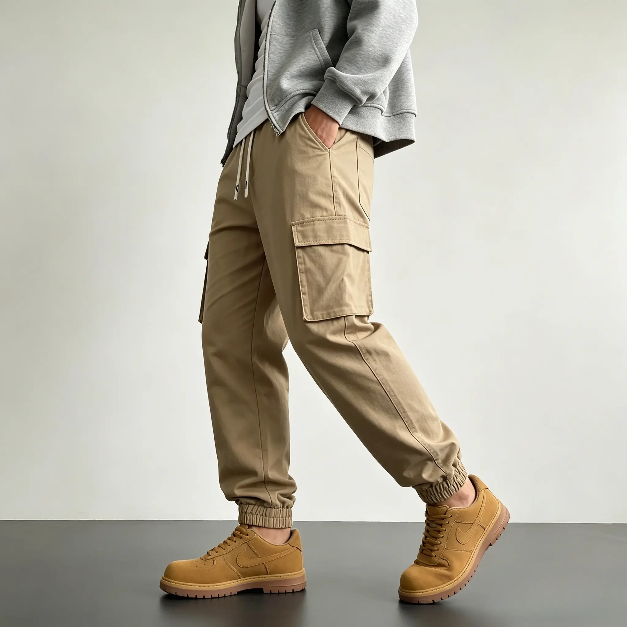 Men's 3-Pack Multi-Tone Lightweight Cargo Pants, Loose Fit Street Style Joggers with Utility Pockets & Drawstring Waist, Menswear, Black + Gray + Khaki, Cuffed, Drawstring Cargo Men's Pants
