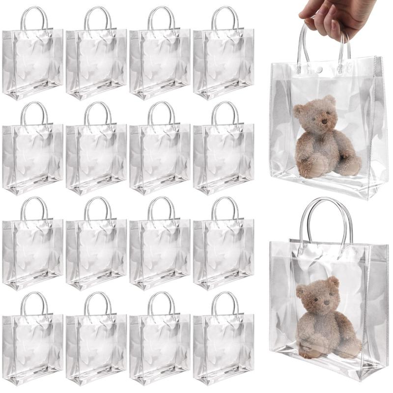 Pack of 16 Clear PVC Gift Bags with Handles,7.87" x 7.87" x 3.15"Reusable Goodie Tote Bags with Ribbons and Tags,Foldable Party Favor Bags for Weddings,Valentine'S Day,Hand Tools Kits,Springtok home tool