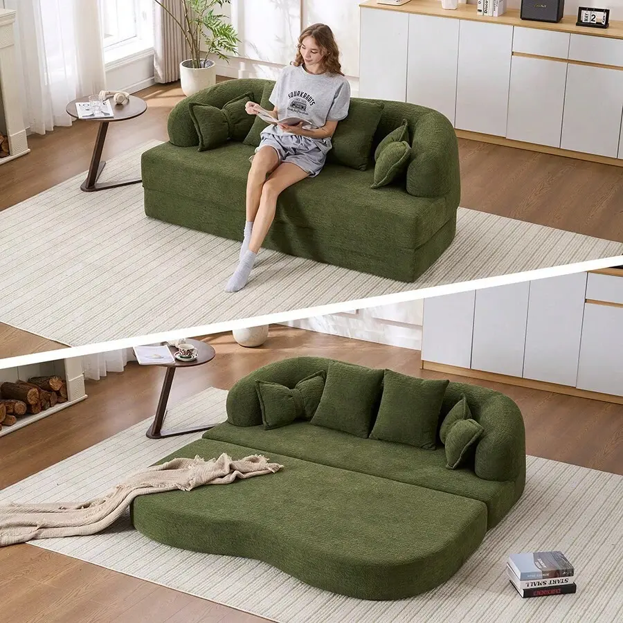2-In-1 Foldable Sofa Bed, 70" Folding Boneless Couch Convertible Sleeper Futon, Compressed Floor Sofa With 4 Pillows, Textured Chenille Modern Minimalist Fold Out Couch Bed, Modular Futon Sofa Living Room, Bedroom, Apartment, Small Spaces