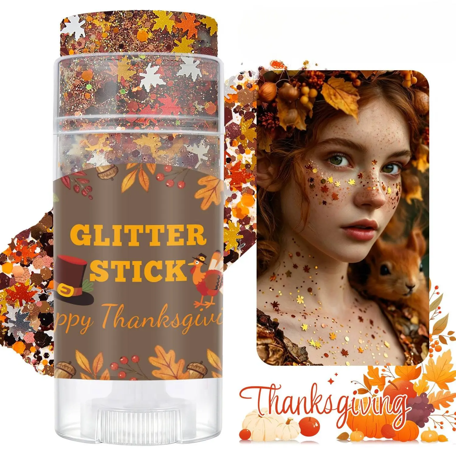 Thanksgiving Sparkling Glitter Stick Autumn Maple Leaf Turkey Pumpkin Mixed Sequins Gel Glitter Stick Long Lasting, Portable Twist-up Self-Adhesive Shimmer Glitter for Face Hair Body Fall Harvest Party Makeup