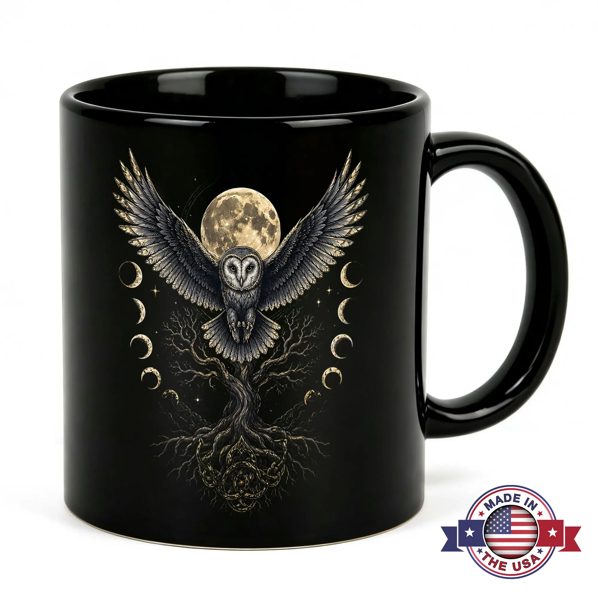 Mystical Owl Coffee Mug 11oz Black Ceramic Moon Phases Tree Of Life Cup Celtic Knot Art Novelty Gift for Women Men Wiccan Pagan Witchy Aesthetic Dark Academia Goth Decor Bird Lover Astrology Spiritual Healing Present