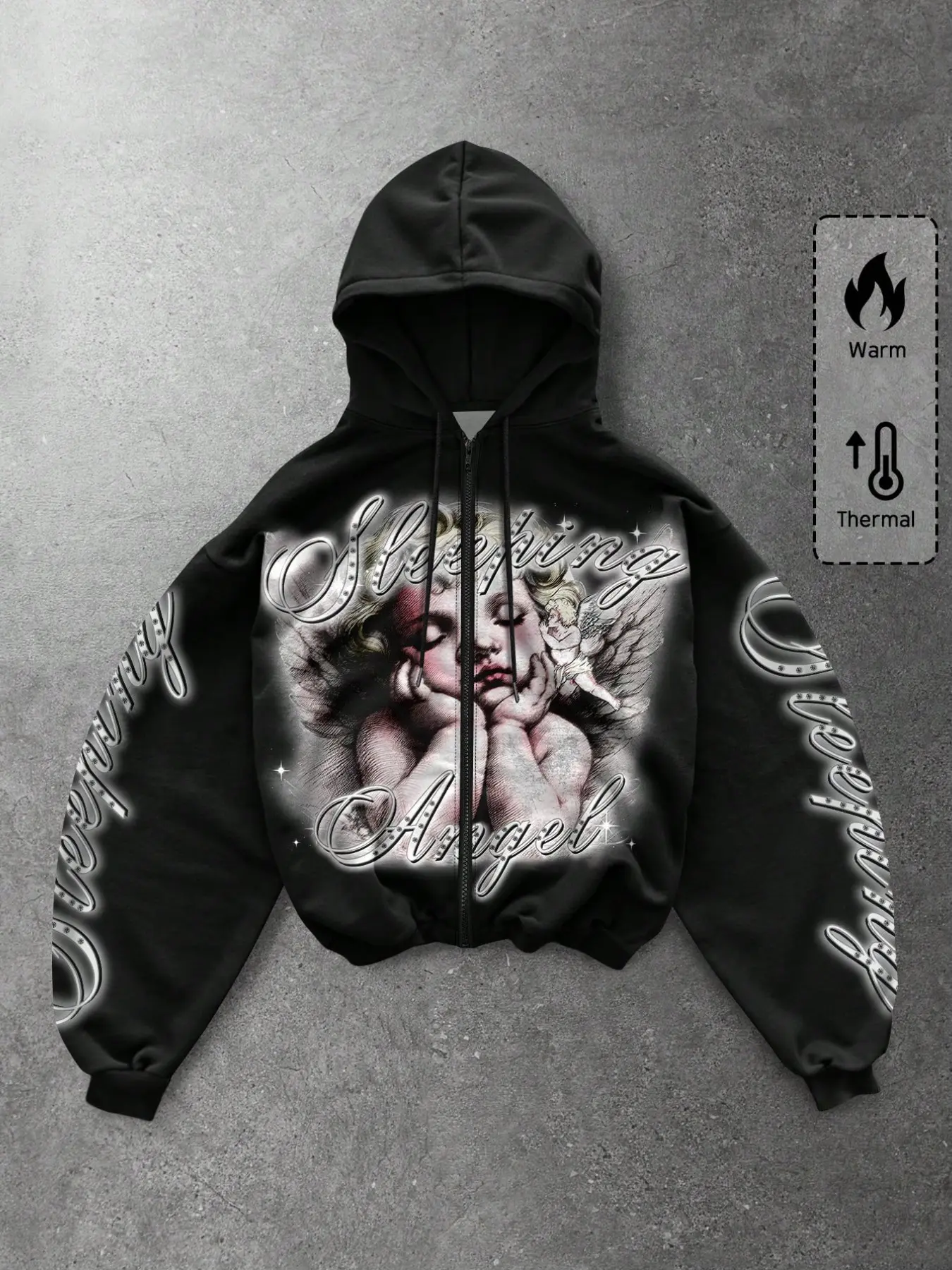Men's American High Street Sleeping Angel Print Short Zipper Hoodie, Retro Open Front Sweatshirt, Casual Fashion Top