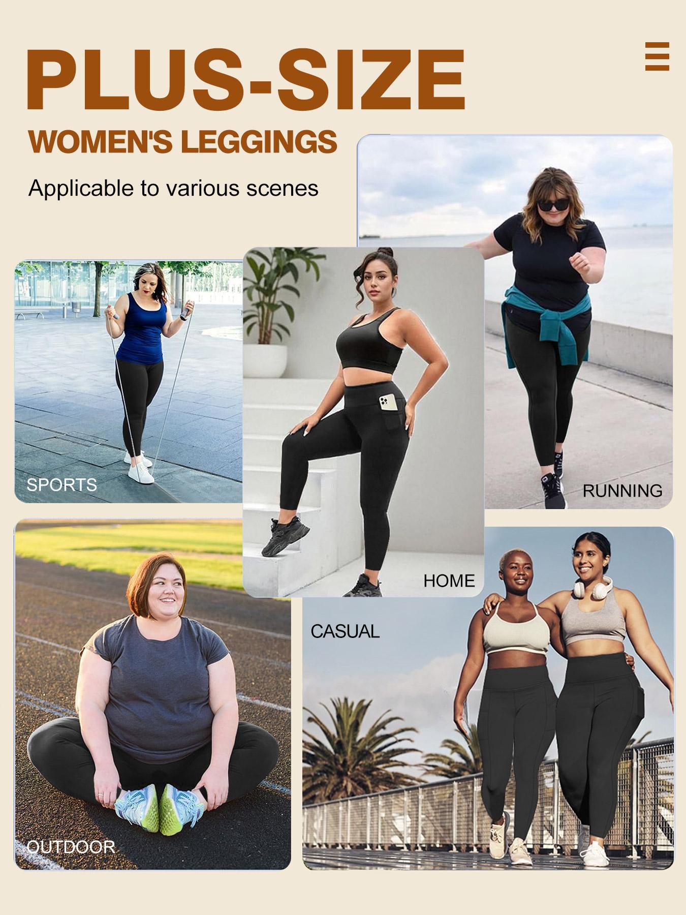 Plus Size Solid High Waist Sports Comfy Gym Workout Leggings with Pocket, Summer Outfits, Casual High Stretch Skinny Pants for Women, Soft Comfortable Women's Bottoms for All Seasons, Stretchy Workout Leggings
