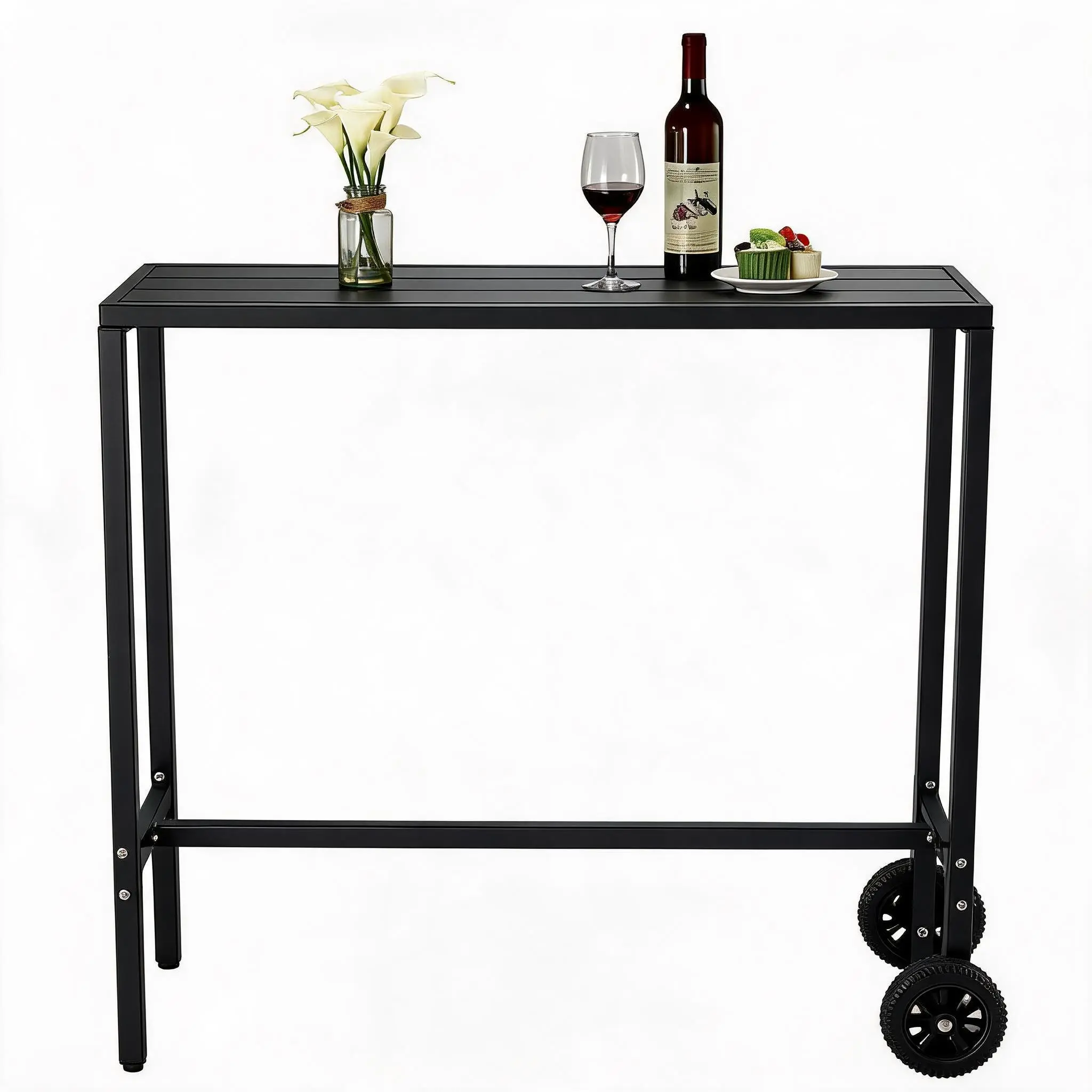 Portable Weatherproof Steel Patio Bar Table with Wheels – Counter Height Dining Table – Adjustable Leveling Feet – Rolling Pub Table for Outdoor, Balcony, Kitchen Island, Home Bar – Black