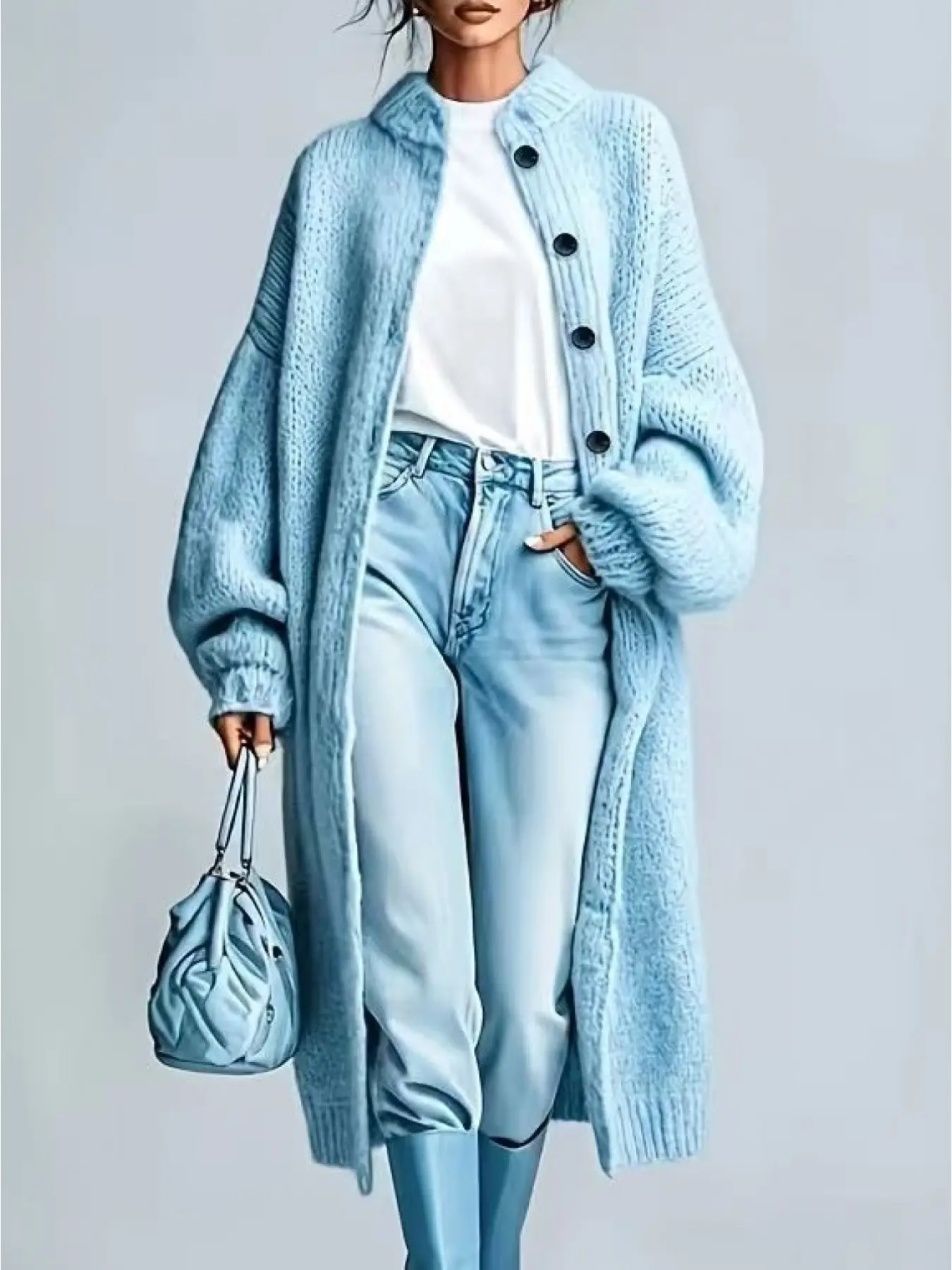 Long Knit Cardigan with Stand Collar, Loose Fit Drop Shoulder Sleeves, Casual Warm Outerwear for Fall Winter, Street Style