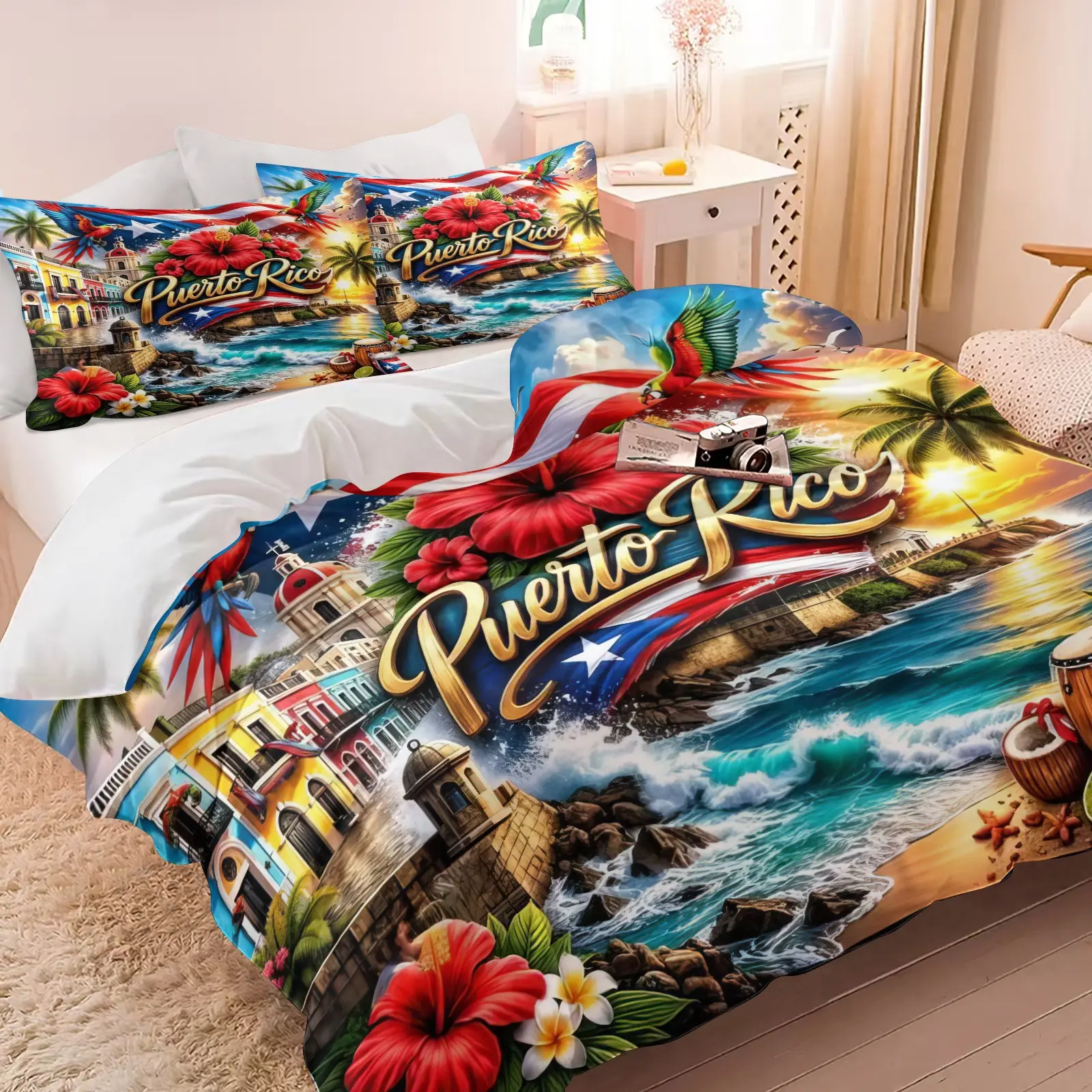 Puerto Rico Coastal Duvet Cover Set Bedding Set, 1 Duvet Cover & 1/2 Pillowcase No Filling, Soft Lightweight All Season Tropical Bedroom Decor for Home Dorm Guest Room