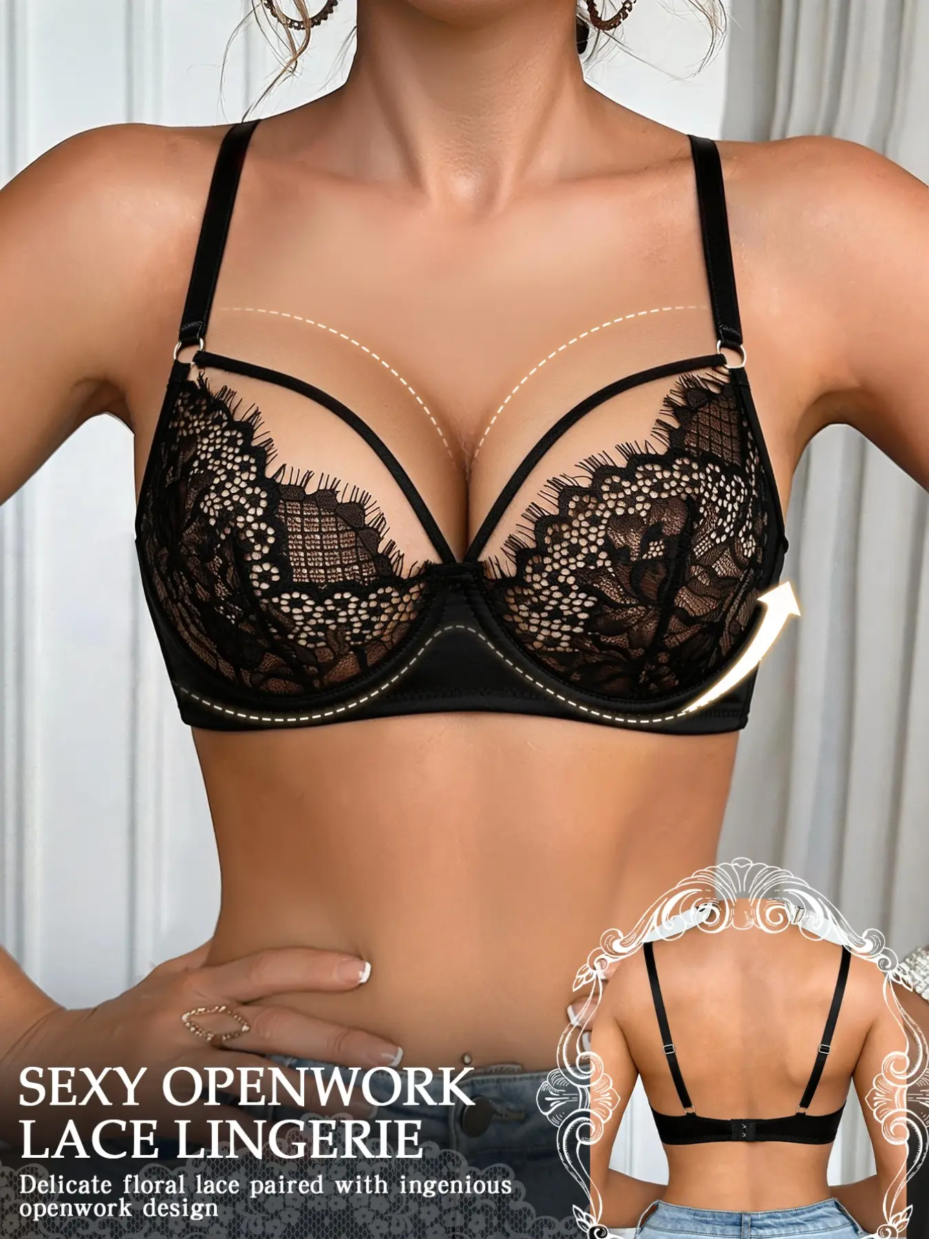 Women Lace Underwire Bra, Liner-Free Cups, Cup Line Detail, Adjustable Thin Straps, Lightweight & Sheer With Reliable Bust Support, Suitable for Daily Wear & Inner Layering