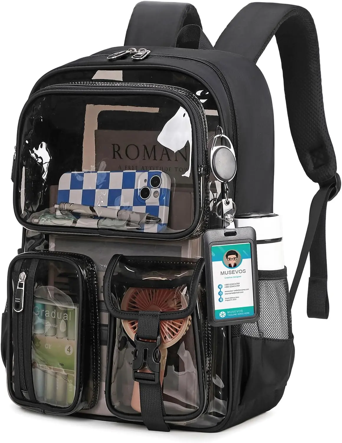 Clear Backpack for School, Heavy Duty Clear Bookbag for Girls Boys Transparent Backpack with Badge Holder, Semi-Black
