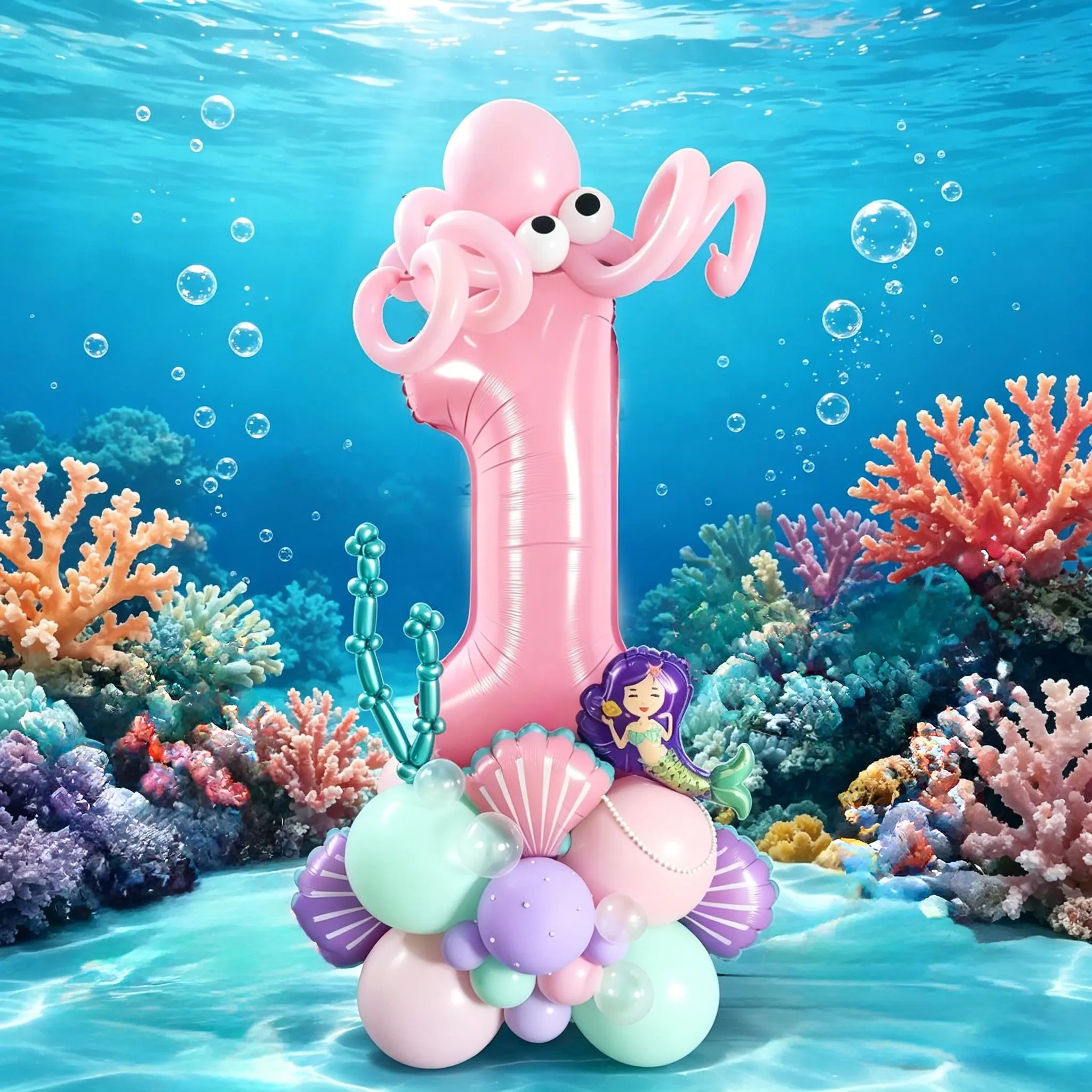 47-Piece Mermaid Birthday Balloon Column, Includes 32-Inch Pearl Color Numbers, Mini Mermaids, Shell Balloons, Suitable for mermaid/ocean-themed birthday parties, beach parties, pool parties, aquarium decorations，Holiday home decorations