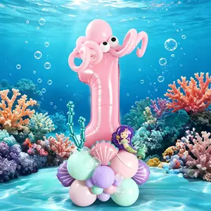 47-Piece Mermaid Birthday Balloon Column, Includes 32-Inch Pearl Color Numbers, Mini Mermaids, Shell Balloons, Suitable for mermaid/ocean-themed birthday parties, beach parties, pool parties, aquarium decorations，Holiday home decorations