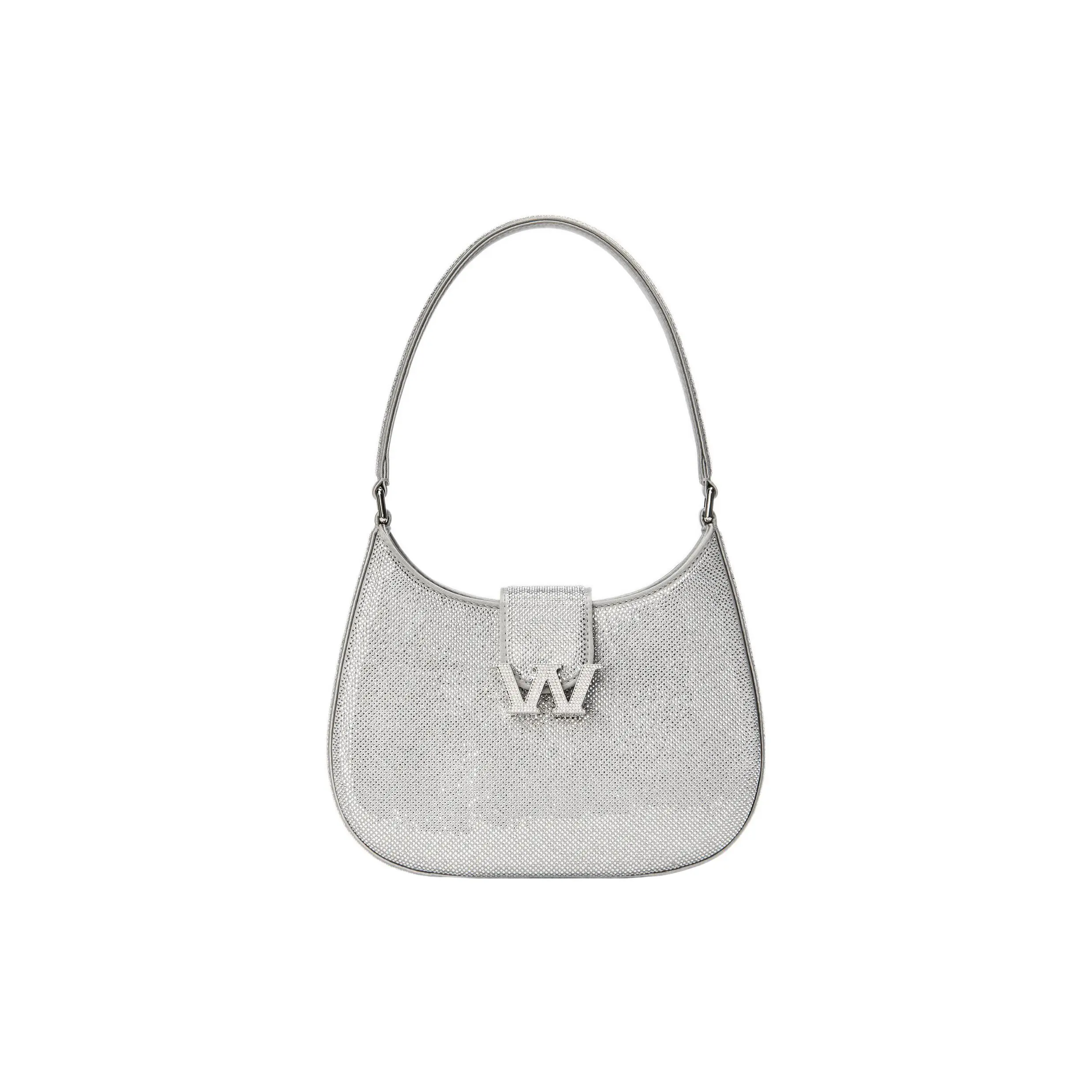 Alexander Wang W Legacy Rhinestone Metal Logo Polyester Crossbody Handbag for Women, Silver