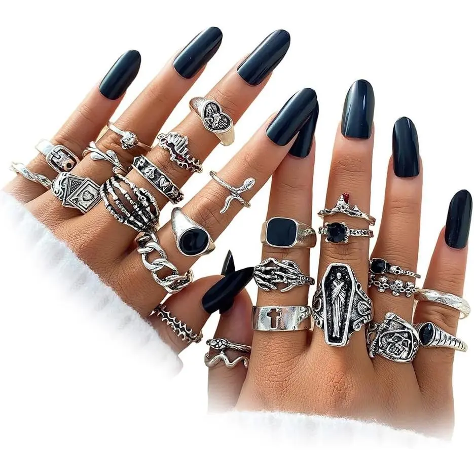 25Pcs Vintage Silver-Tone Zinc Alloy Knuckle Rings Set, Hollow Carved Stackable Midi Size Joint Finger Statement Chunky Pieces for Daily Gifting