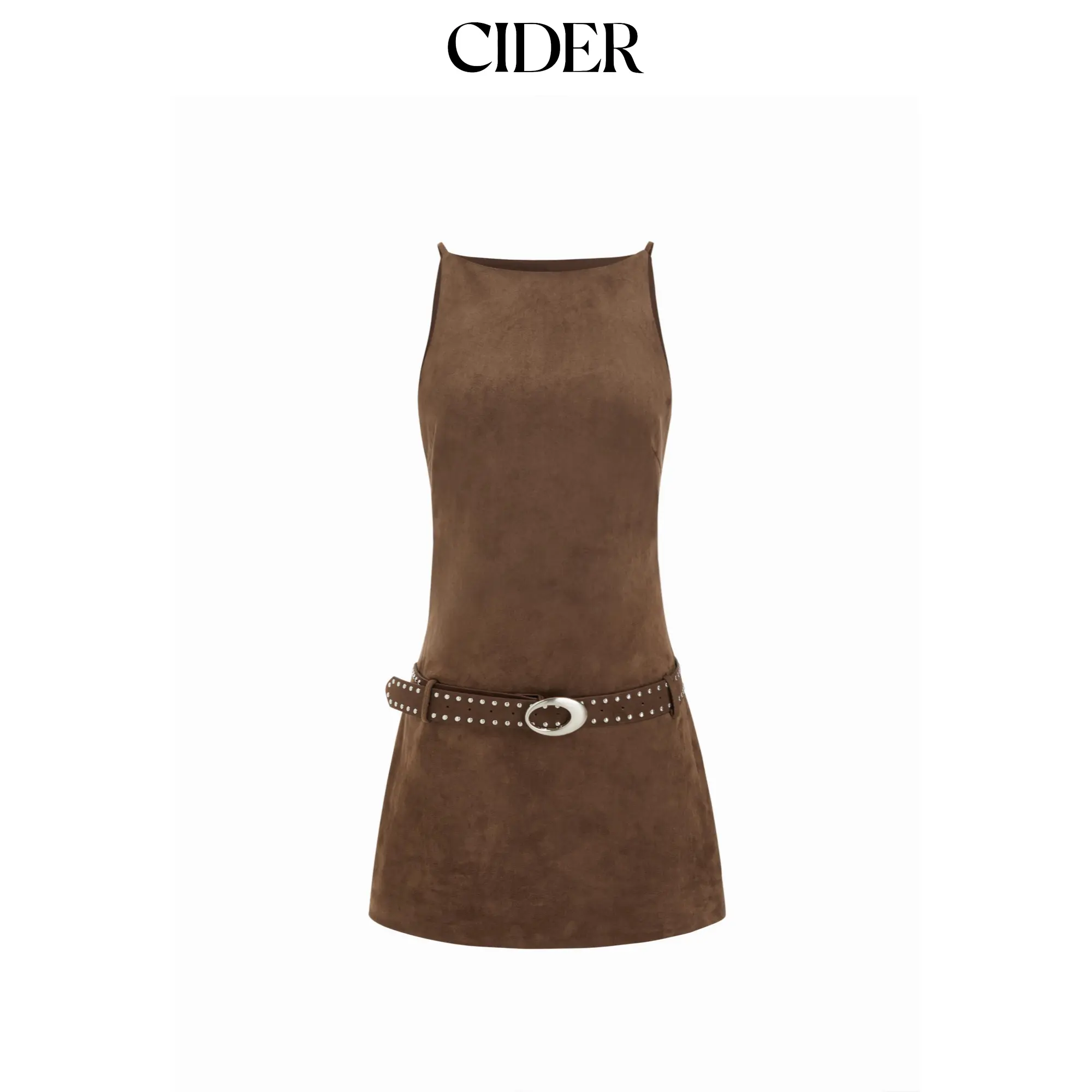 Cider Suede Boat Neck A-line Mini Dress With Belt SohoChic