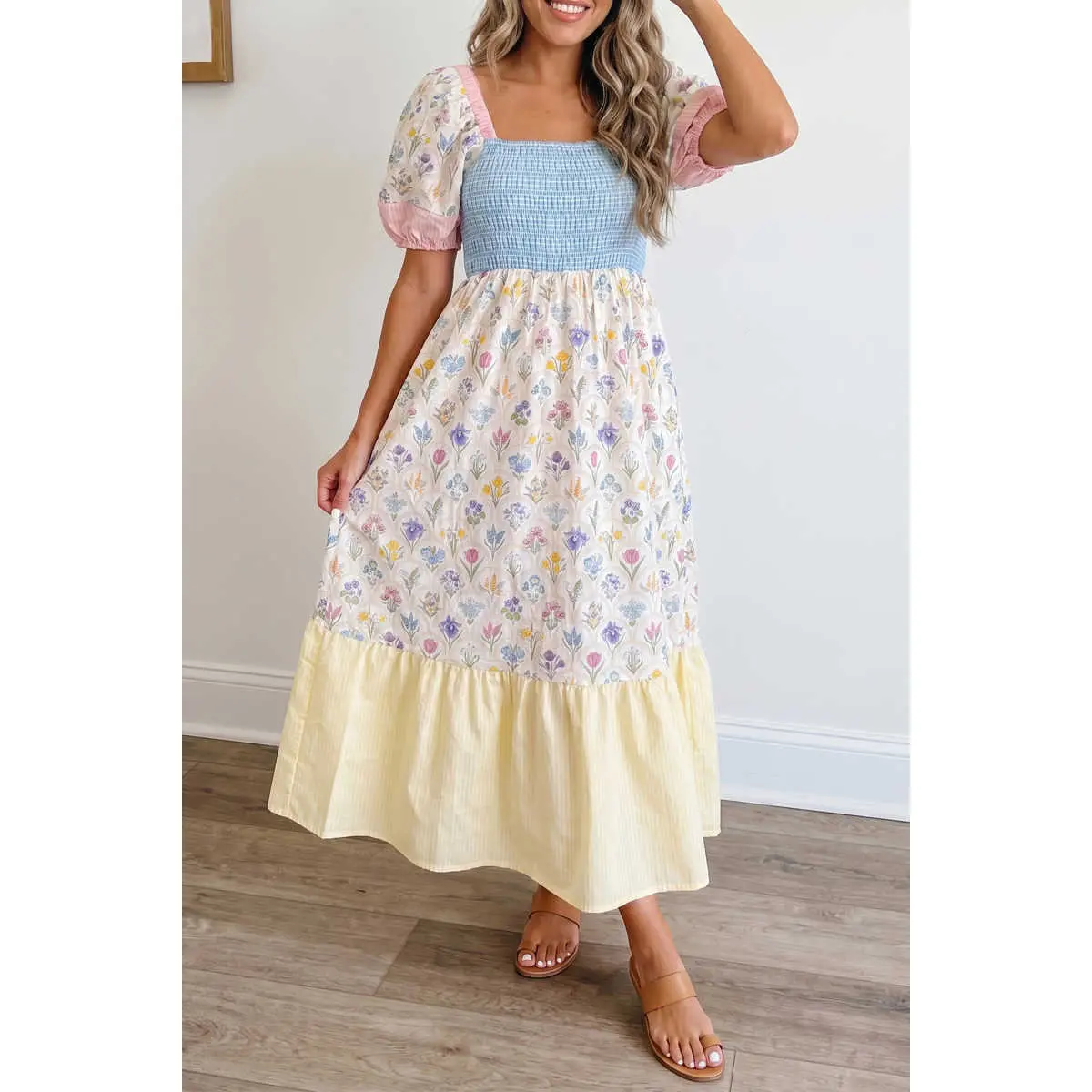 Women's Square Neck Smocked Bodice Puff Sleeve Casual Floral-Striped Patchwork Maxi Dress, Going Out Ready-To-Wear