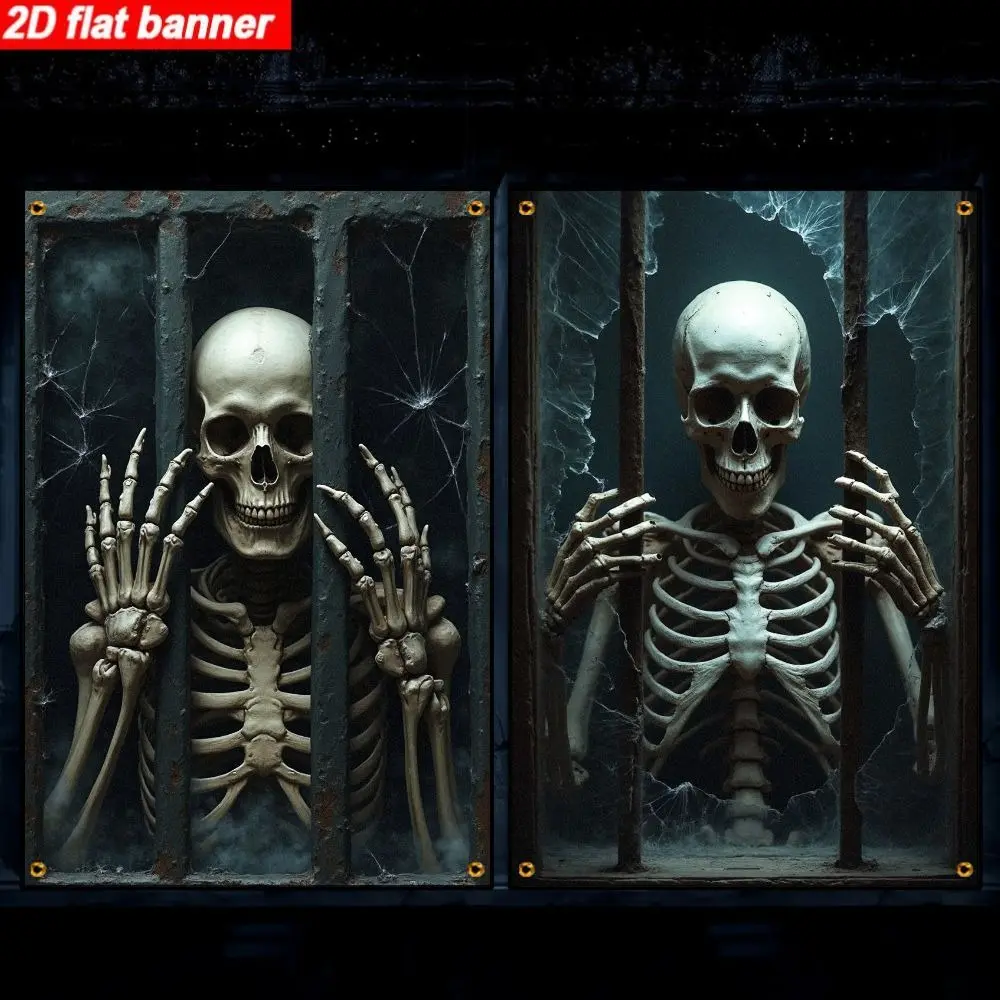 Skeleton Prisoner Halloween Window Banner Set | 2PC 2D Window Flag Banner, Single-Sided Polyester, Metal Grommets for Easy Hanging