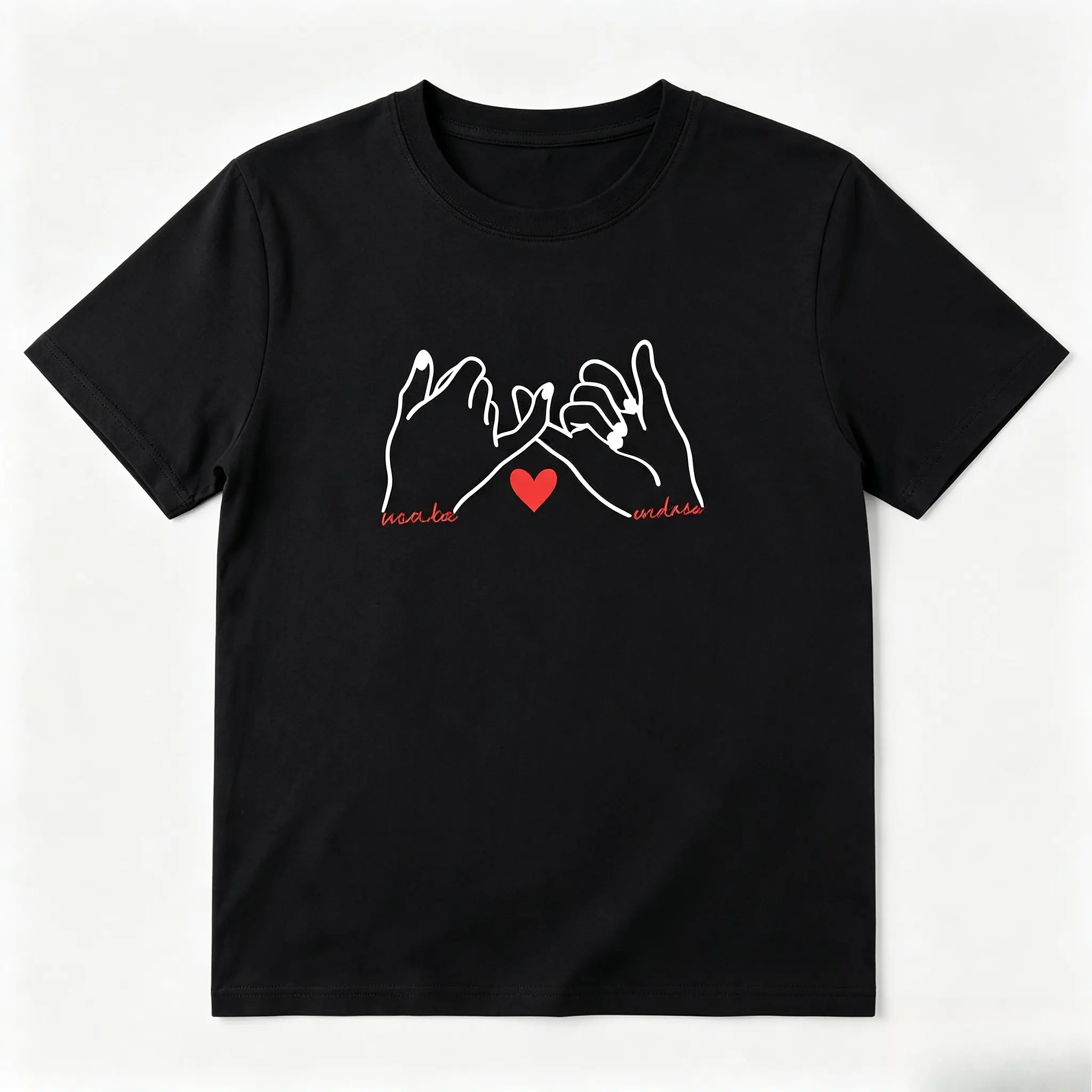 Couple Hands Pinky Promise Heart Graphic Cotton T-Shirt, Oversized Comfort Fashion Outfit, Romantic Matching Casual Top, Perfect Holiday & Valentine’s Day Gift for Lovers, Family, Friends for Him Her