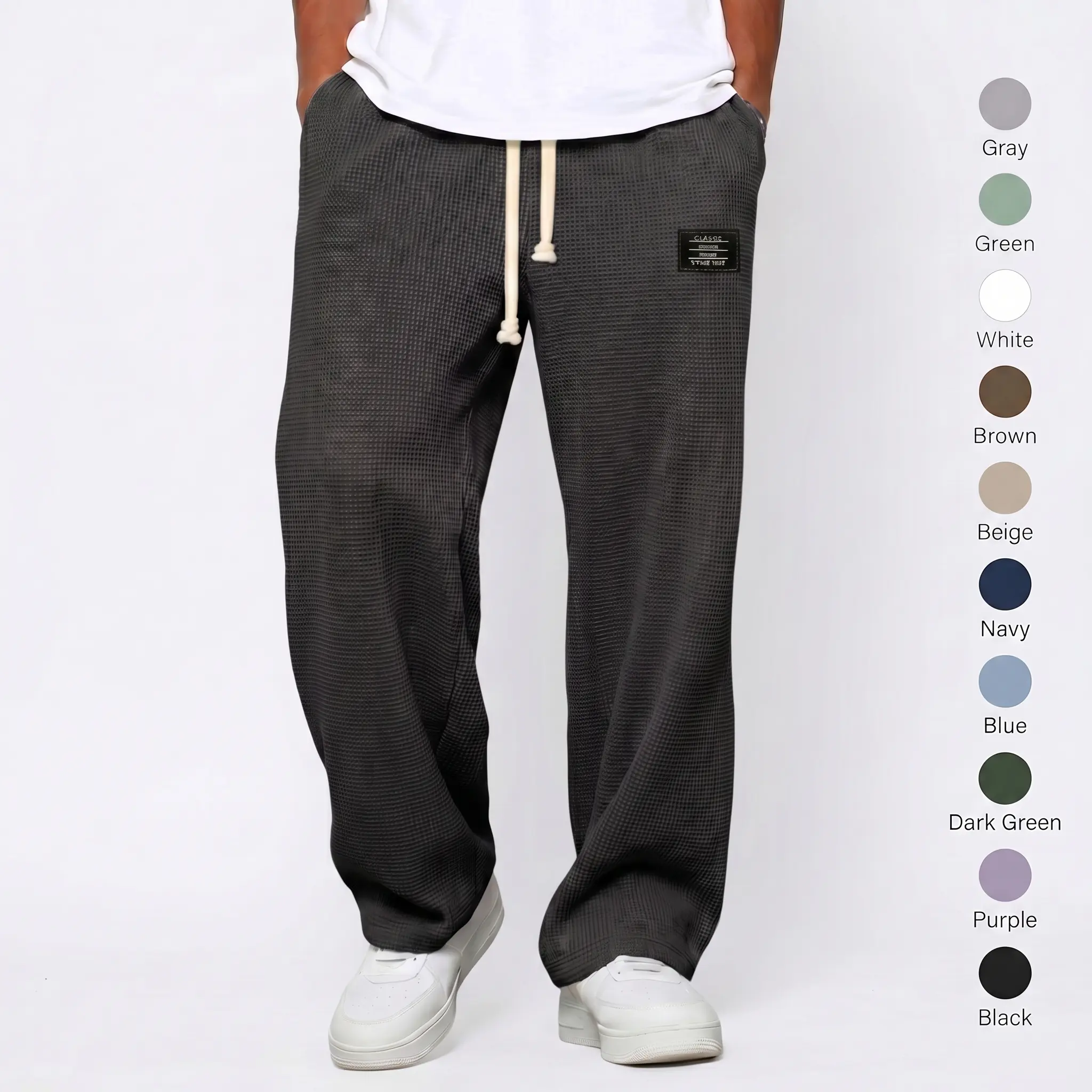 Male Waffle Knit Straight Leg Sweatpants - Loose Fit Ankle Length Pants with Drawstring Waist, Pockets, Knit Fabric, Machine Washable for Gym, Daily Wear, All Seasons Comfortwear, Dark Brown, Dark Khaki Cloth Color, Athletic Fit Men's Pants
