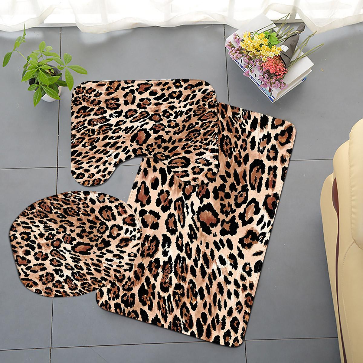 3-Piece Leopard Pattern Imitation Cashmere Bathroom Set—Soft & Anti-Slip, Suitable for Living Room, Bedroom, Bathroom, Kitchen, Multiple Sizes Available, Bath Mat Set, Bathroom Floor Mat, Bathroom Toilet Mat