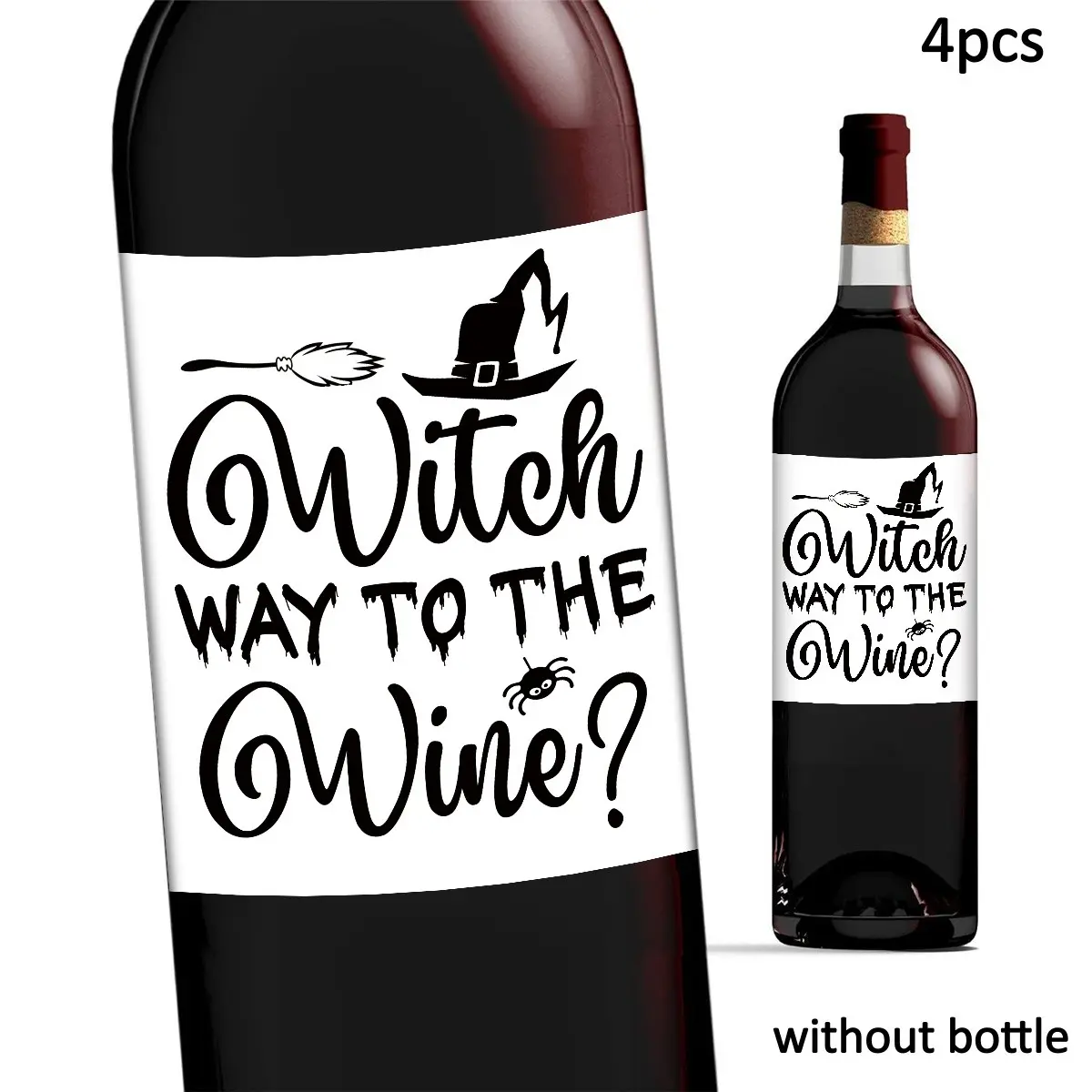 4pcs Funny Halloween Wine Bottle Labels - "Witch Way to The Wine" Bottle Stickers, Creepy Wine & Champagne Bottle Tags Stickers for Halloween Party Decorations, Holiday Gifts