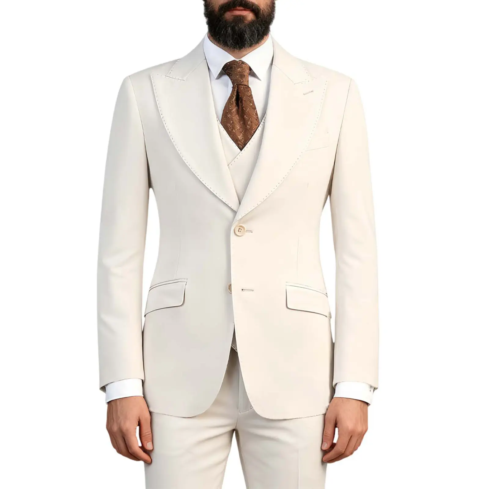 Men's Minimalist Slim Fit 3-Piece Solid Light Ivory Suit - Long Sleeve Jacket, Waistcoat, Trousers with Tie for Formal Wedding, Business Menswear Prom Outfit