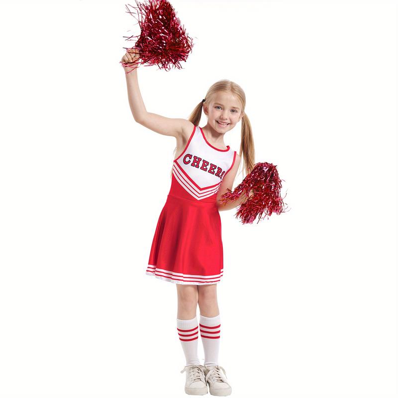 Plus Size Flyer Cheer Children'S Cheerleading Uniform Set, Kindergarten Girls' Cheerleading Uniforms, Stage Performance And Campus Cheerleading Uniforms, Including Socks And Pom-Poms, Ideal For Outdoor Activities