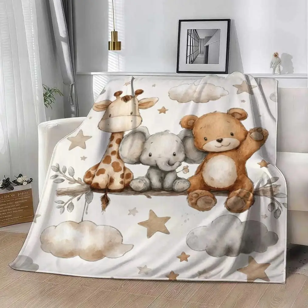 Watercolor Safari Animal Baby Blanket, Neutral Giraffe Elephant Teddy Bear Nursery Throw, Soft Crib Blanket for Newborn Boys & Girls