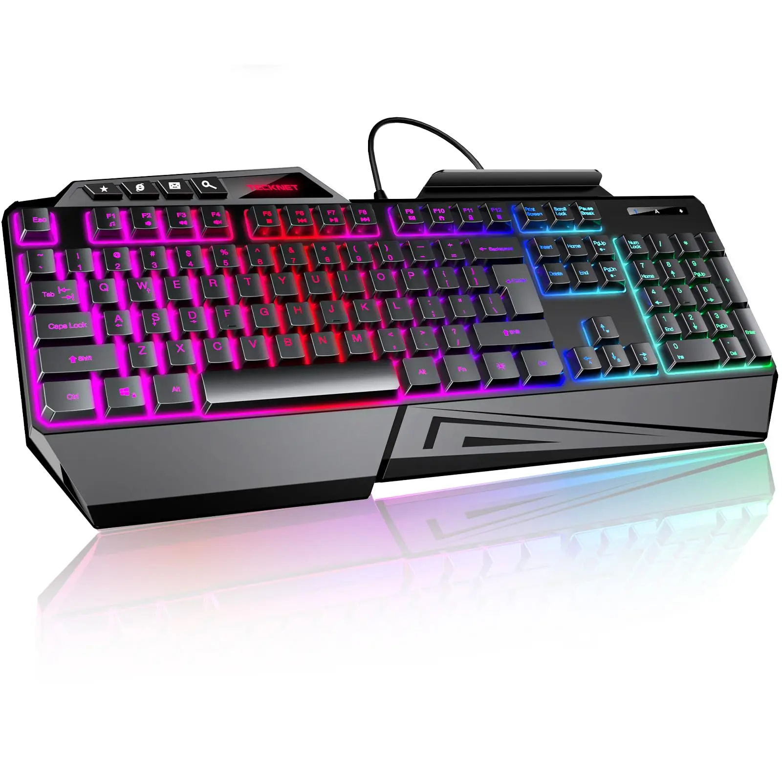 TECKNET Wired RGB Gaming Membrane Keyboard - RGB Lighting, 26-Key Anti-Ghosting, 13 Lighting Modes, Spill-Proof Design, 108 Keys, Plug & Play, Ergonomic Wrist Rest, Phone Holder, Multi-System Windows/Mac Compatibility