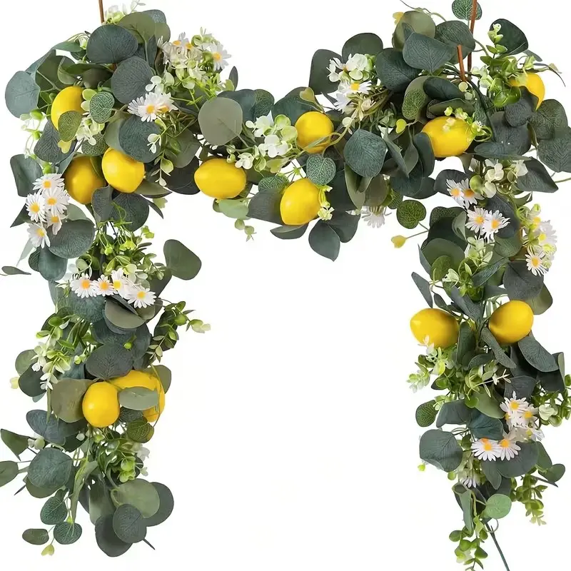 3pcs Artificial Lemon Wreath, Eucalyptus Leaves, Fake Lemon Vine Hanging Ivy, Daisy, Home Decor, Wedding, Summer Decoration