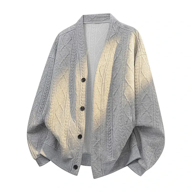 Men's Cable Jacquard Knitwear Cardigan, Simple V-Neck Long Sleeve Top with Drop Shoulders and Button Front, Japanese Casual Style, Tops, Menswear, Cardigans