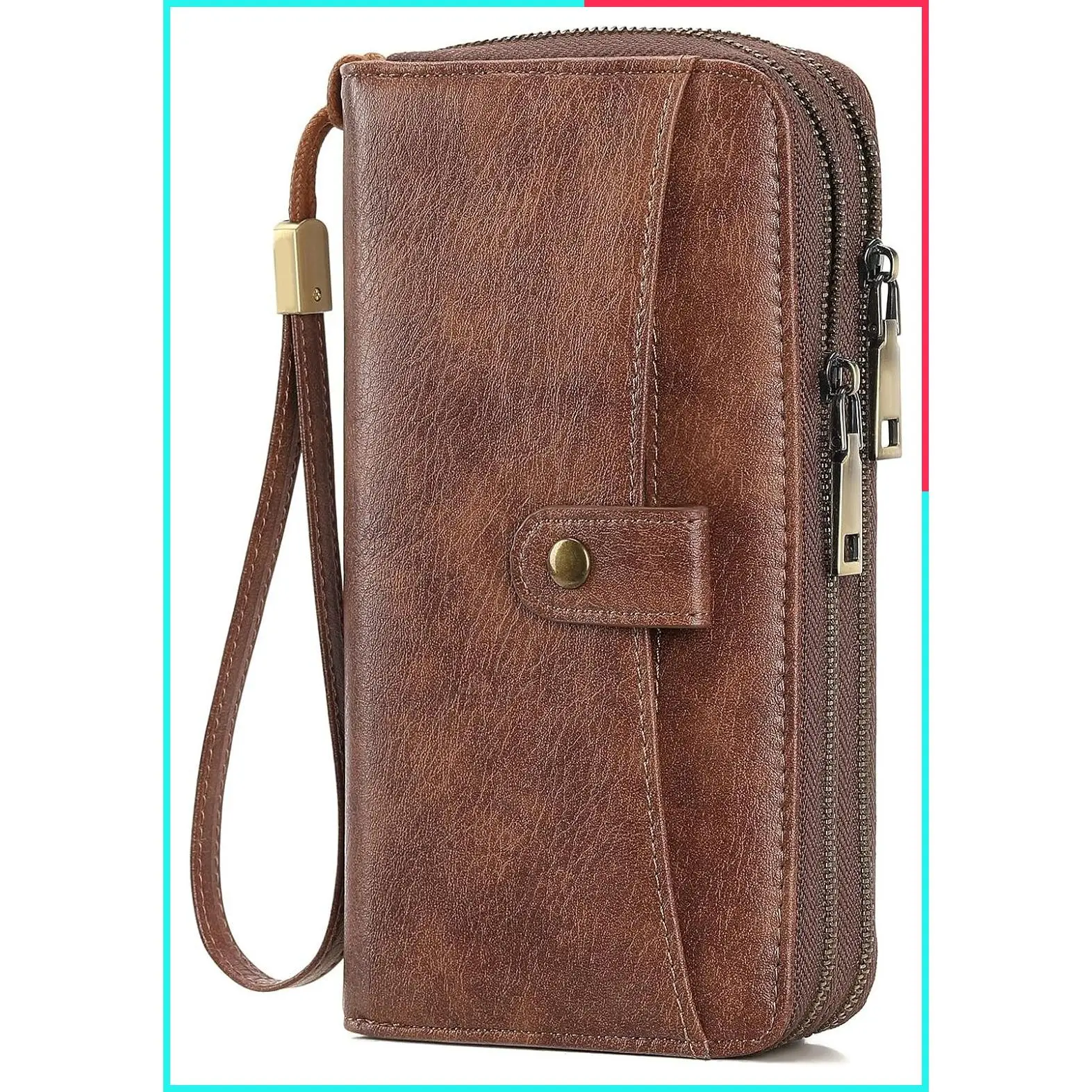 Women's Large Capacity RFID Blocking Leather Clutch Wallet, Double Zipper Card Phone Holder with Wristlet Grip Strap