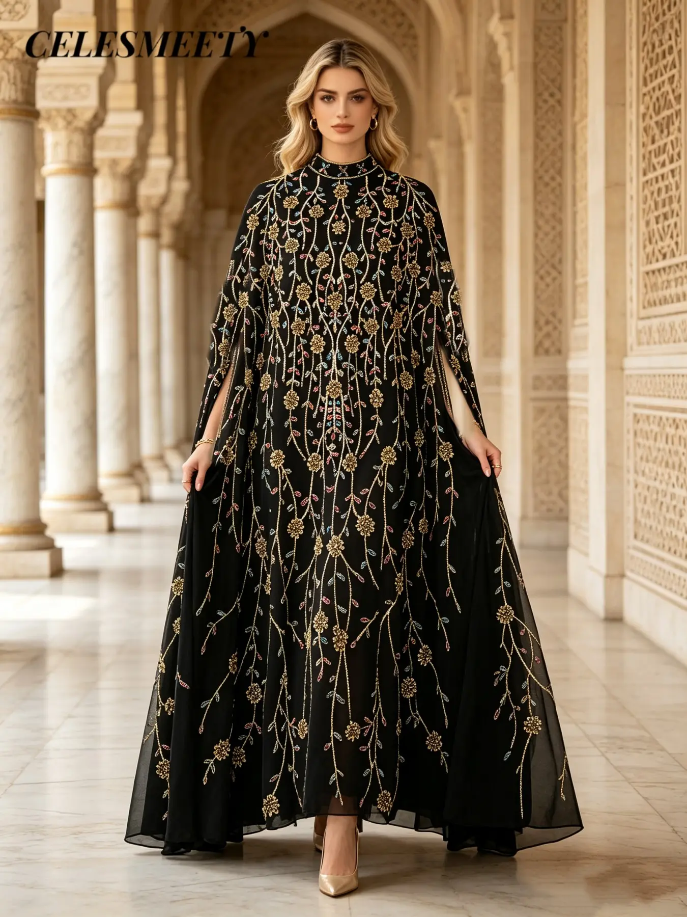 Celesmeety Elegant Sequin Embroidered Muslim Robe, Long Sleeveless Pullover, Perfect for Weddings & Daily Wear, No Lining