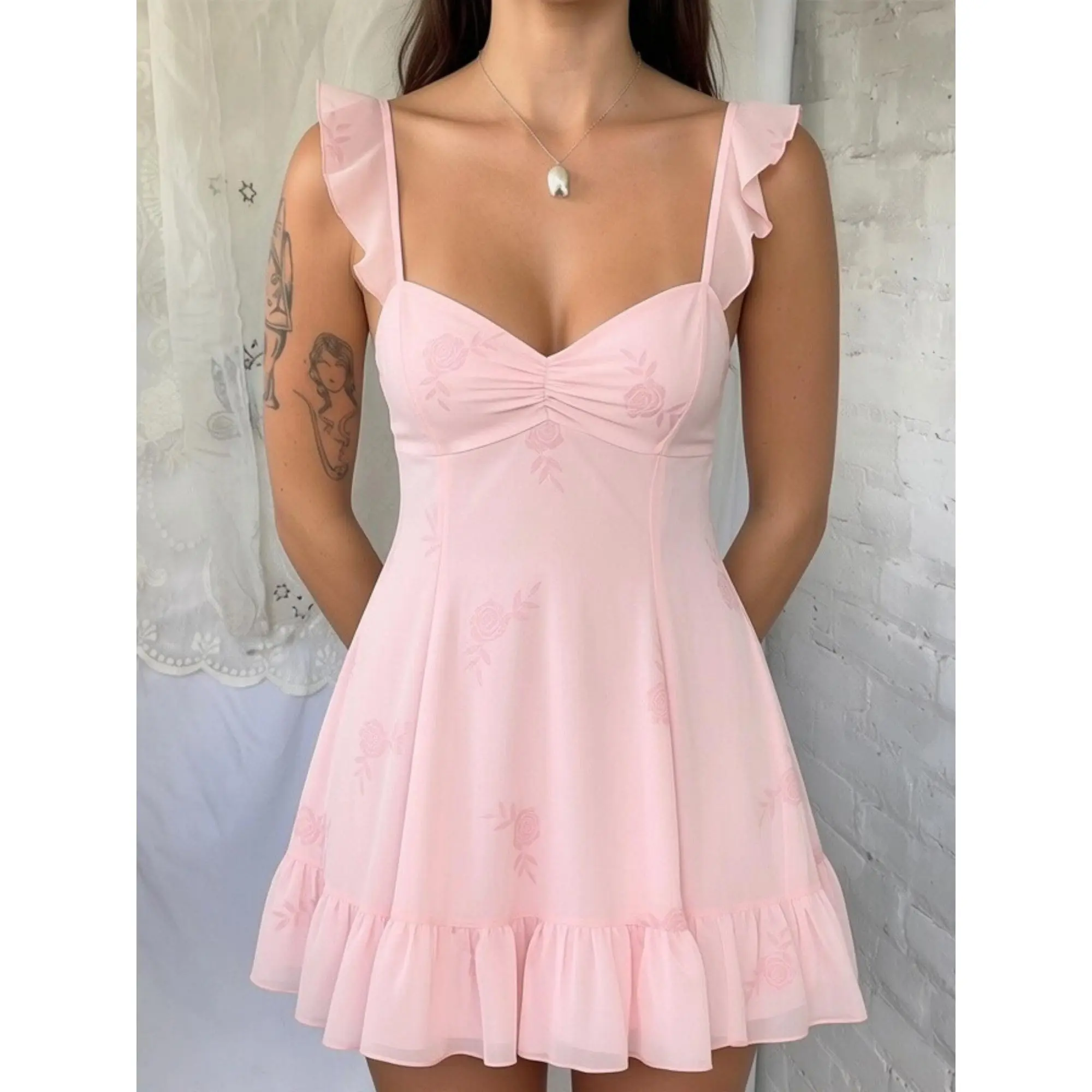 y2k Women Mini Dress Summer Solid Color/Floral Print Ruffles Straps A-line Dress Back Tie-Up Backless Dress