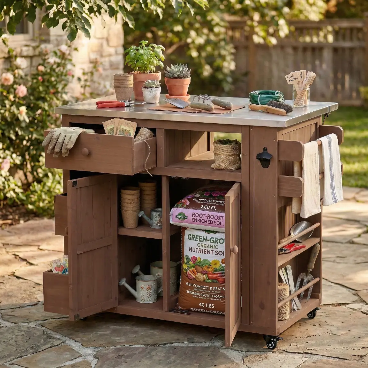 TOPMAX Brown Outdoor Solid Wood Extendable Kitchen Island (19.3in/28in) - Stainless Steel Top Grill Table with Side Spice Rack, Drawers, Storage Cabinet for Backyard BBQ, Party