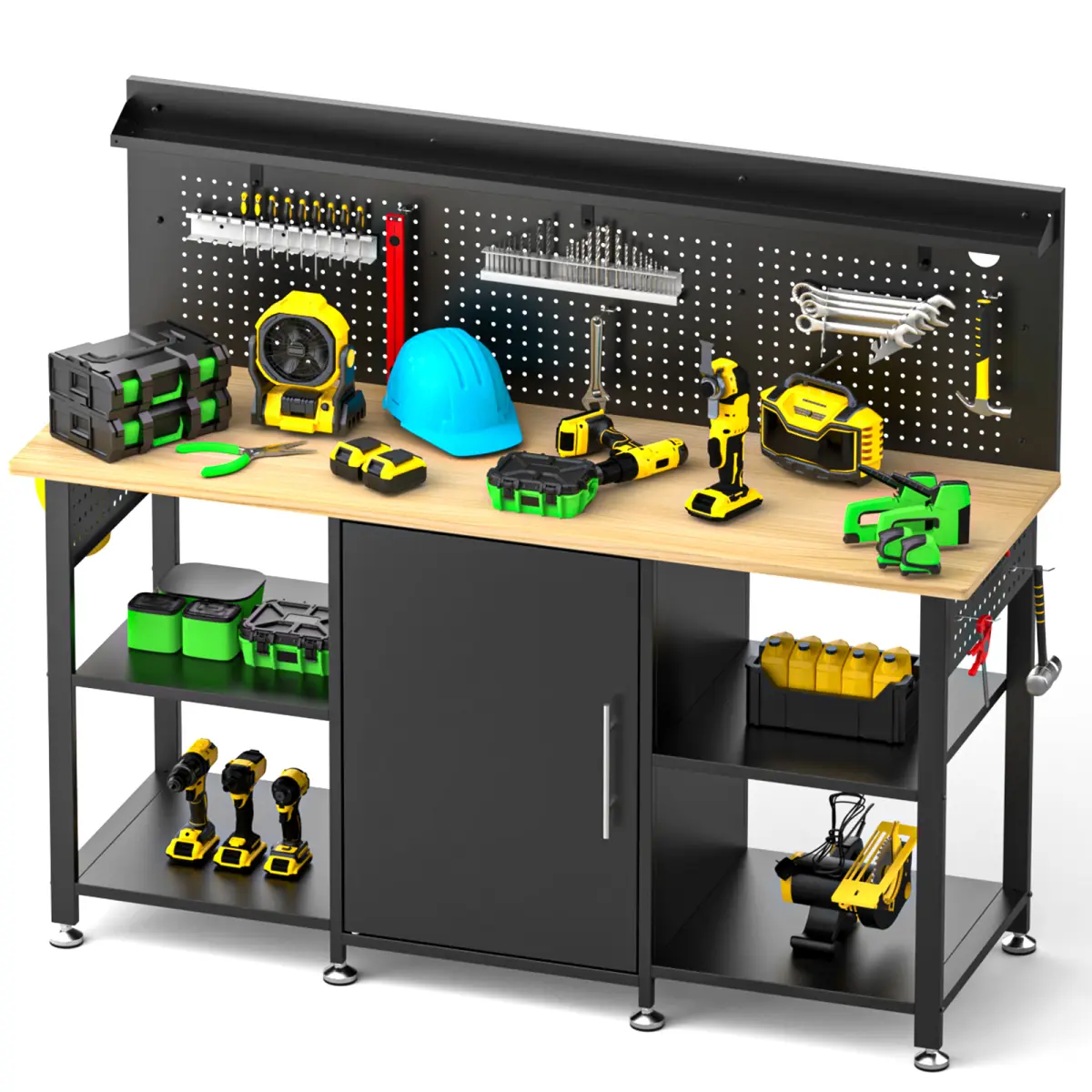 Heavy Duty Garage Workbench (59.3x18.7x44.5in, 60in Overall), MDF+Metal Build, 2000lbs Capacity, Enclosed Storage Cabinet, Dual Open Shelves, Pegboard, Tool Holders, Power Outlet for Garage Users, Woodworking Projects, Cabinet&Shelves Organization