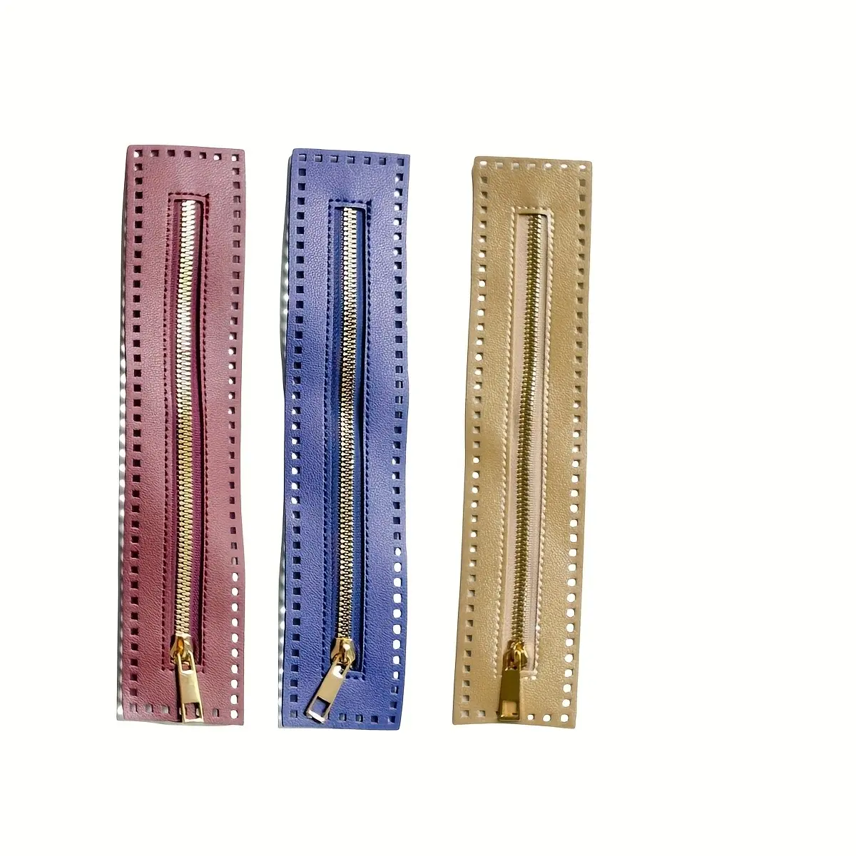 3pcs PU Leather Zipper with Needle Thread Hole, Double-Sided Braided, Durable and Versatile for DIY Bags and Accessories