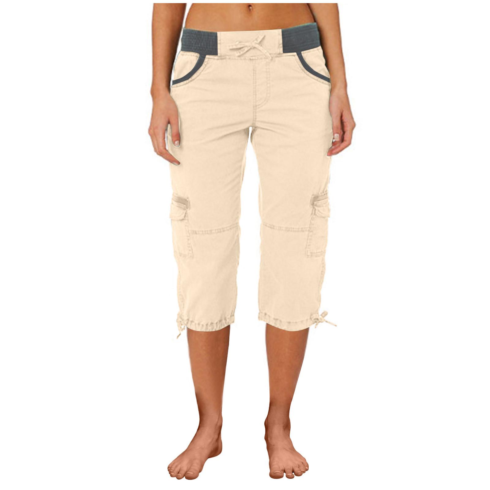 Women Cargo Capris Soild Casual Pants With Pocket Drawstring Outdoor Hiking Pants Women'S Slacks Thin Streetwear Tops Chic White Womenswear Bottom Comfort Basic