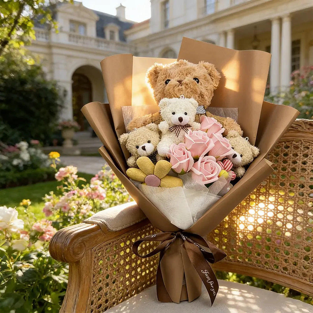 Cute Teddy Bear Flower Bouquet, Plush Teddy Bear with Adorable Artificial Flowers, Handmade Toy Bouquet for Various Occasions